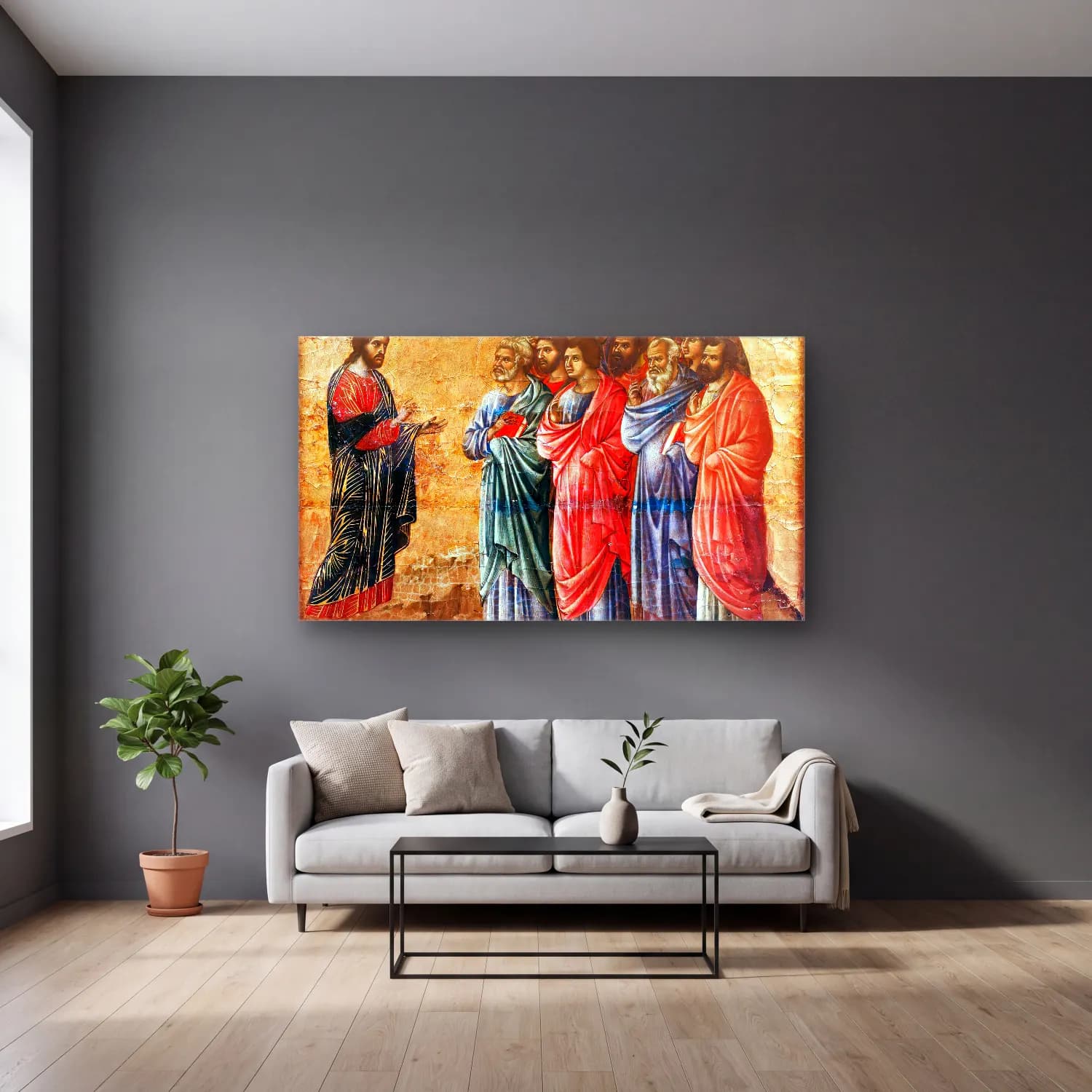 Duccio di Buoninsegna – Appearance on the Mountain in Galilee (panel 6) cam tablo — gri duvarlı salonda