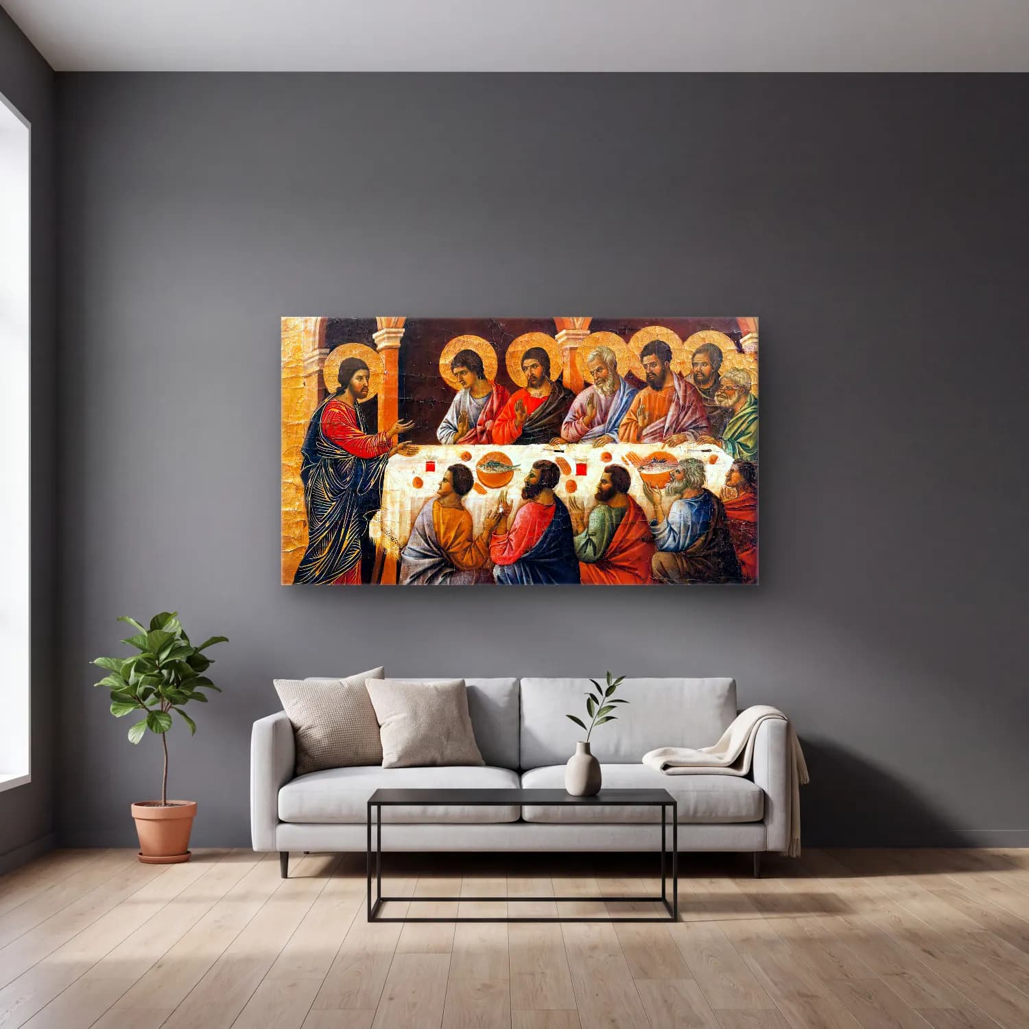 Duccio di Buoninsegna – Appearance to the Apostles (panel 7) cam tablo — gri duvarlı salonda