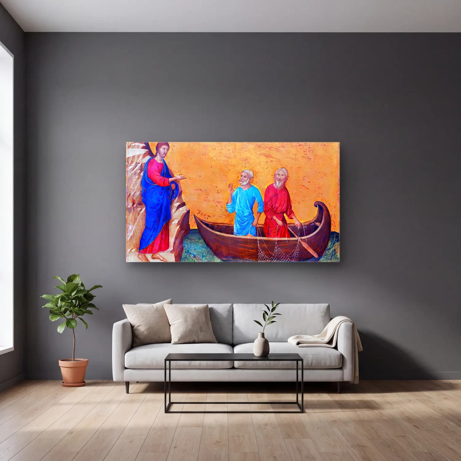 Duccio di Buoninsegna – Calling of Peter and Andrew (scene 4) cam tablo — gri duvarlı salonda