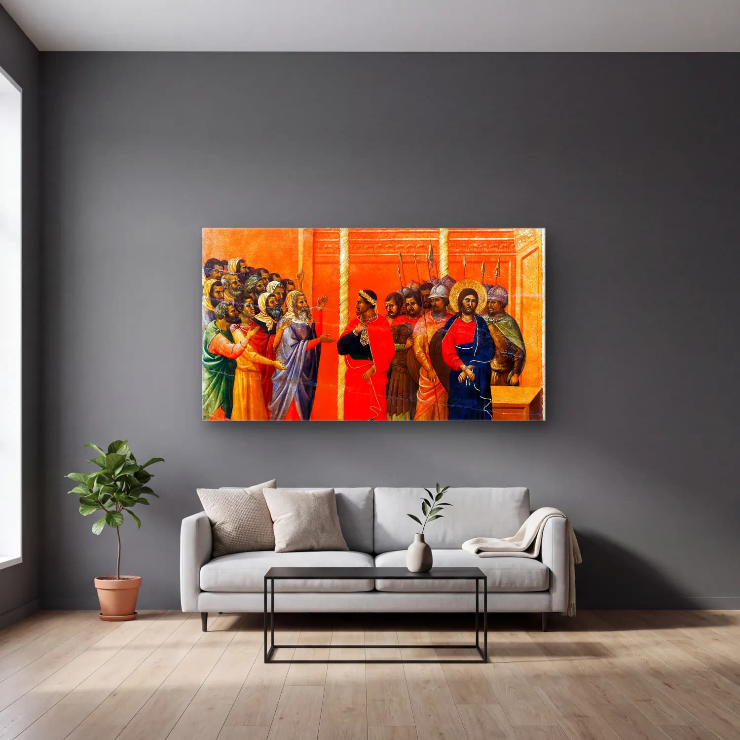Duccio di Buoninsegna – Christ Accused by the Pharisees (scene 12) cam tablo — gri duvarlı salonda