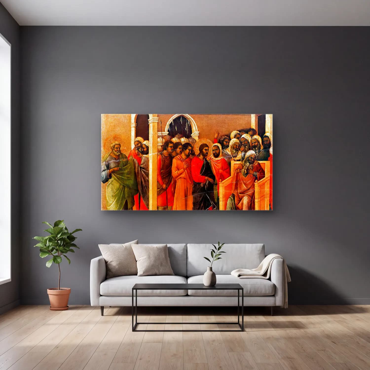 Duccio di Buoninsegna – Christ Before Caiaphas (scene 10) cam tablo — gri duvarlı salonda