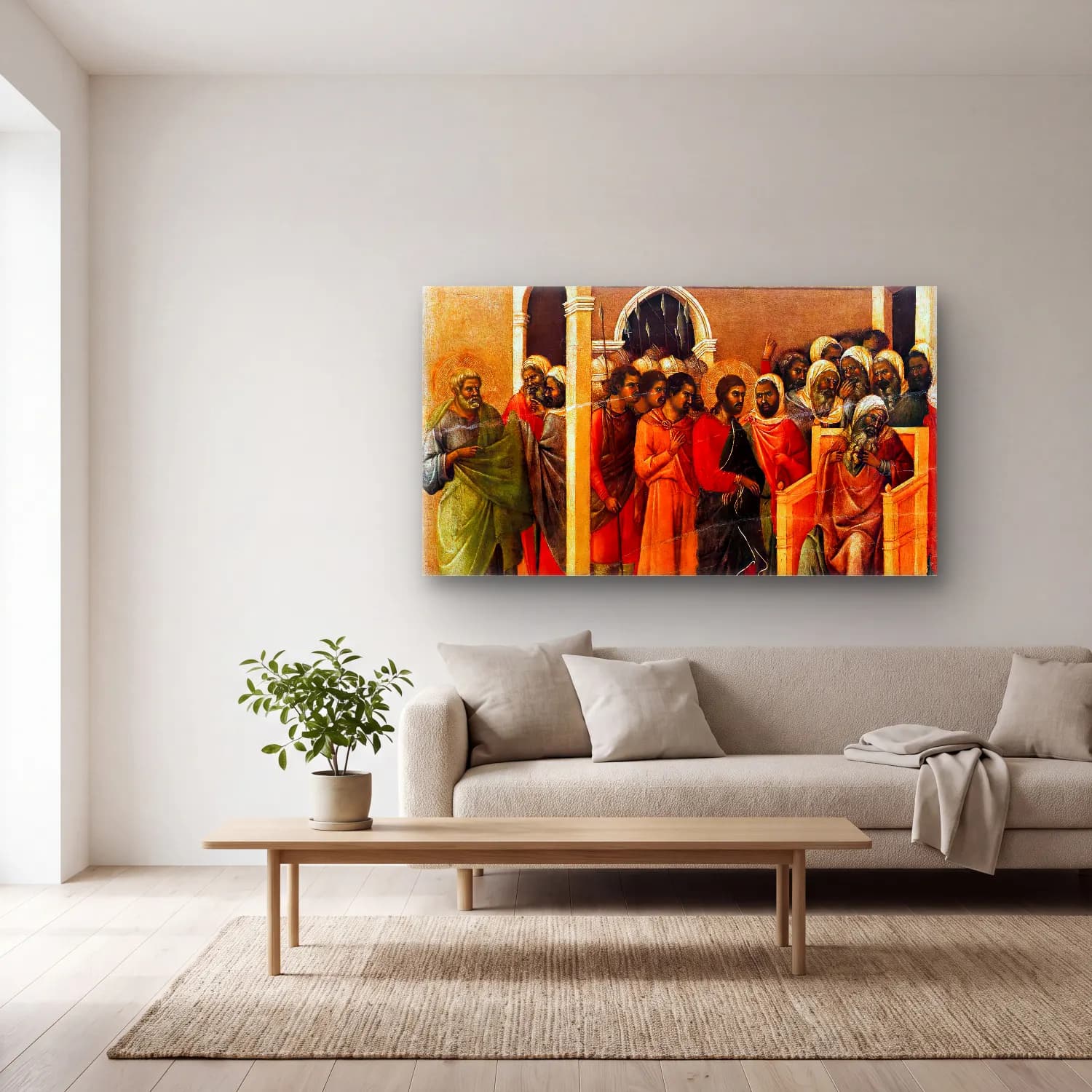 Duccio di Buoninsegna – Christ Before Caiaphas (scene 10) cam tablo — açık renk salonda