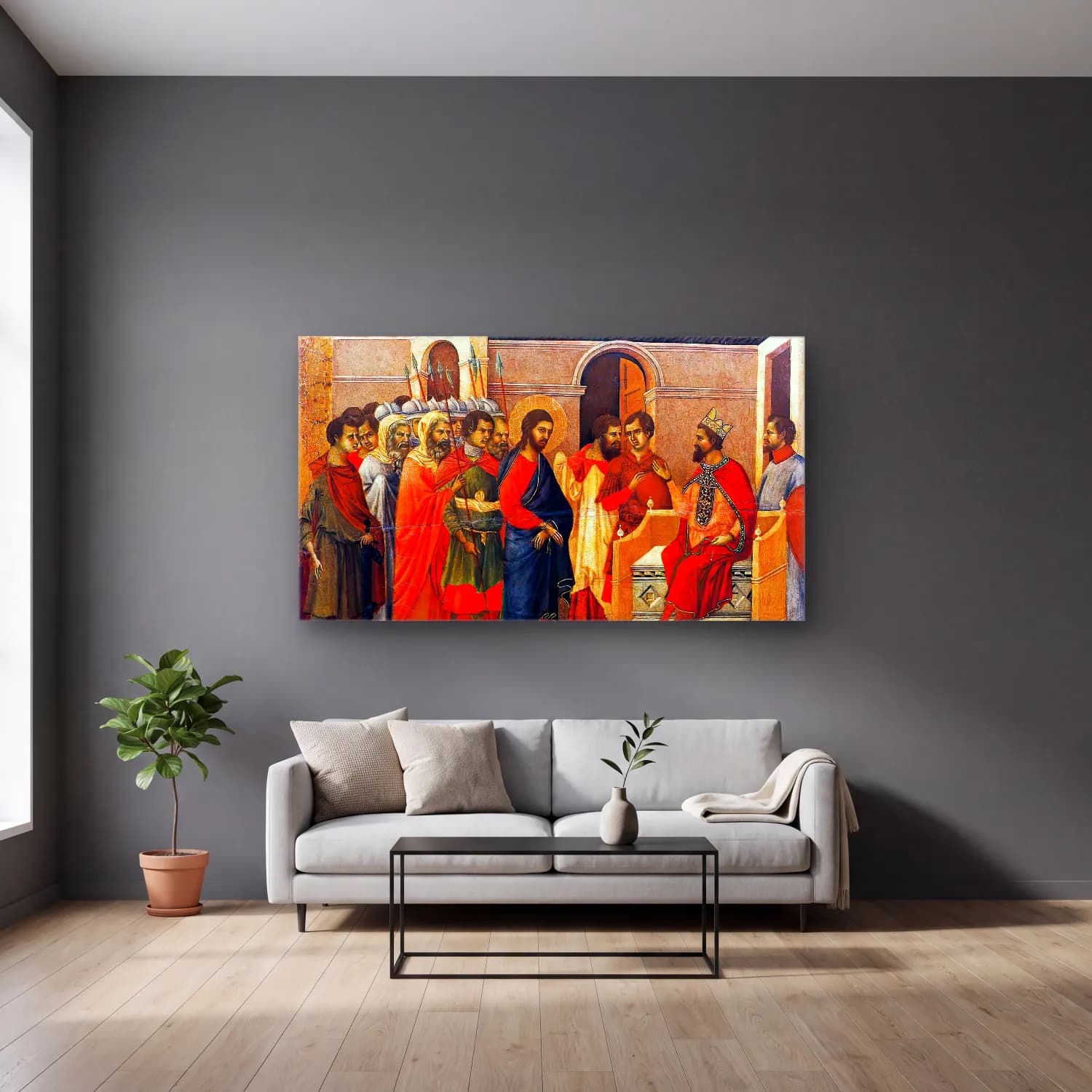 Duccio di Buoninsegna – Christ Before King Herod (scene 14) cam tablo — gri duvarlı salonda