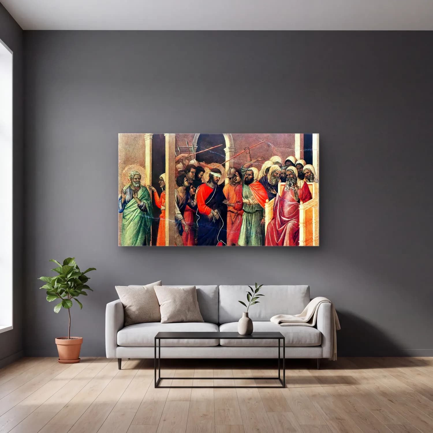 Duccio di Buoninsegna – Christ Mocked (scene 11) cam tablo — gri duvarlı salonda