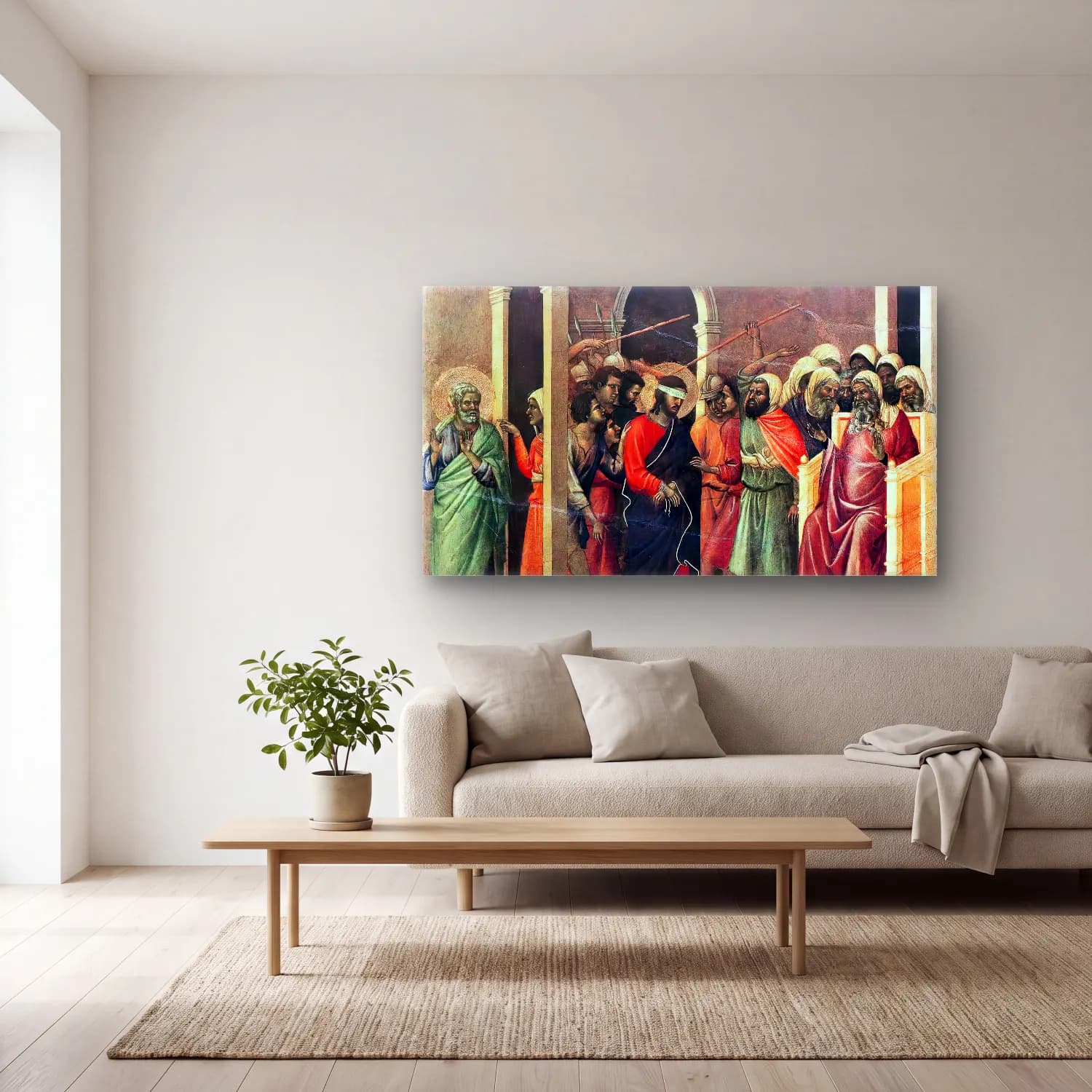 Duccio di Buoninsegna – Christ Mocked (scene 11) cam tablo — açık renk salonda