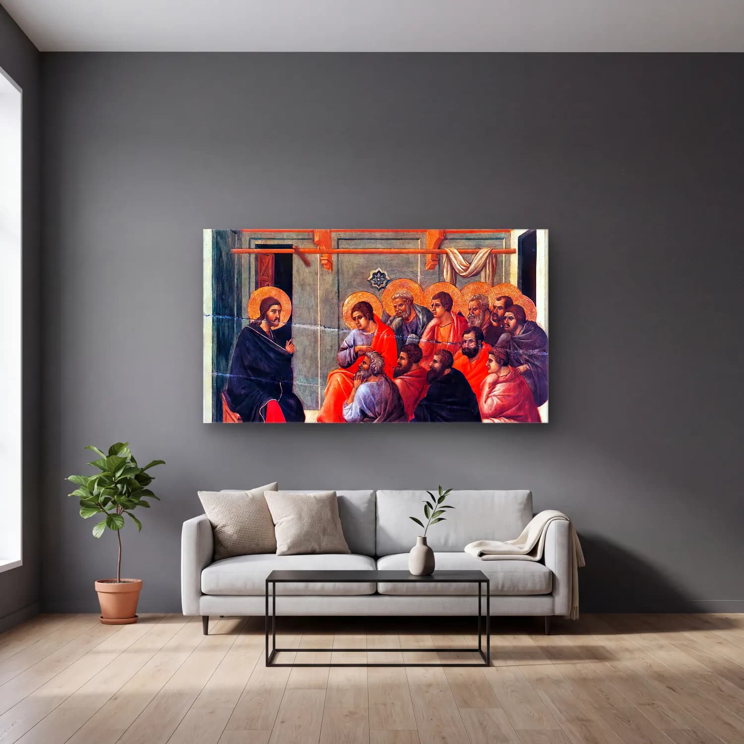 Duccio di Buoninsegna – Christ Taking Leave of the Apostles (scene 4) cam tablo — gri duvarlı salonda