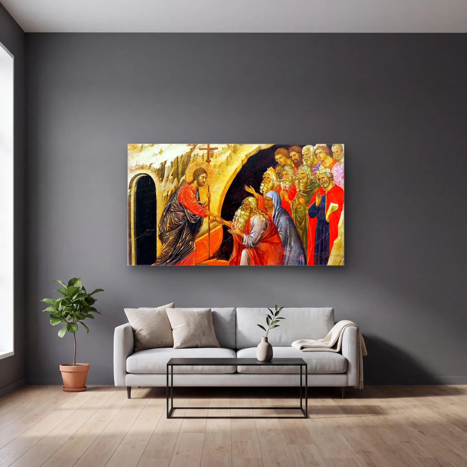 Duccio di Buoninsegna – Christ in Limbo (scene 24) cam tablo — gri duvarlı salonda