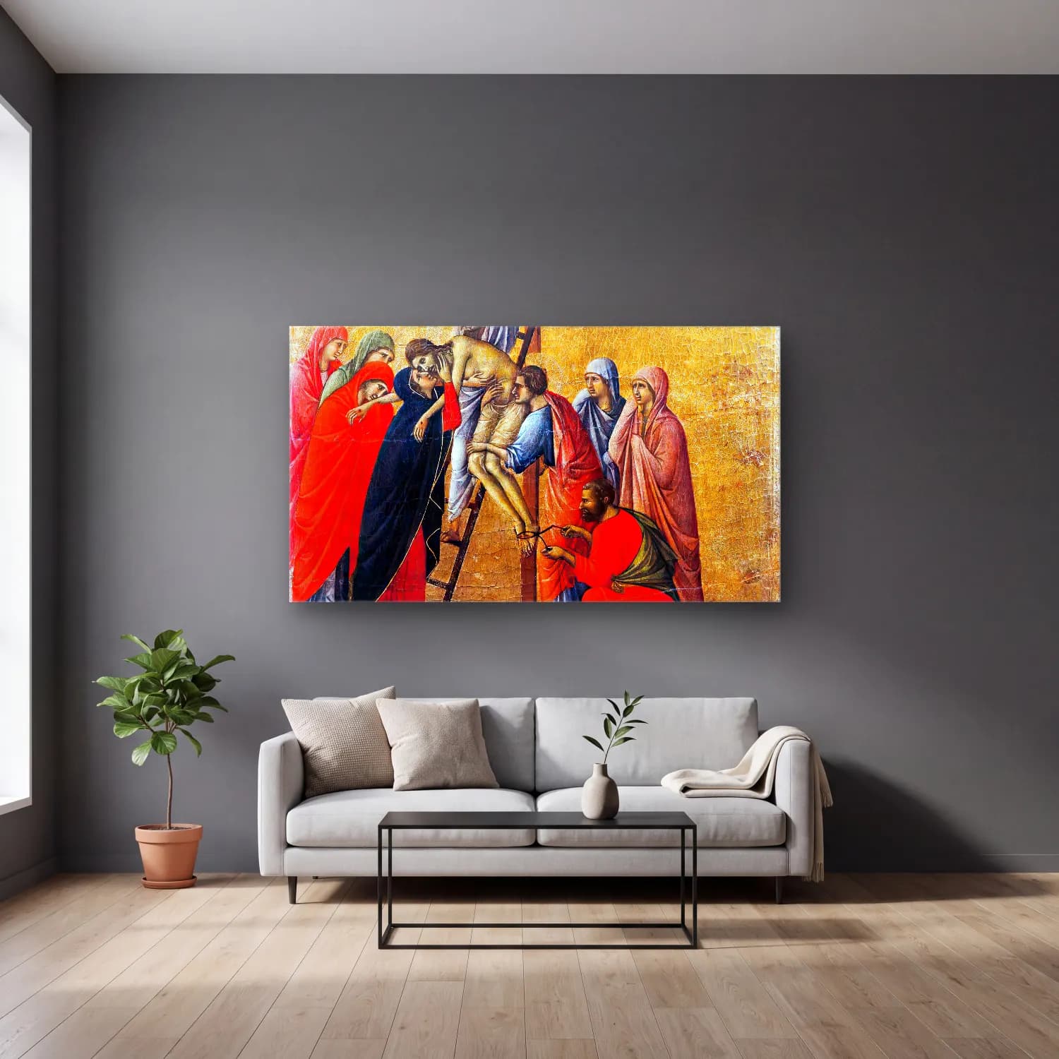 Duccio di Buoninsegna – Deposition (scene 21) cam tablo — gri duvarlı salonda