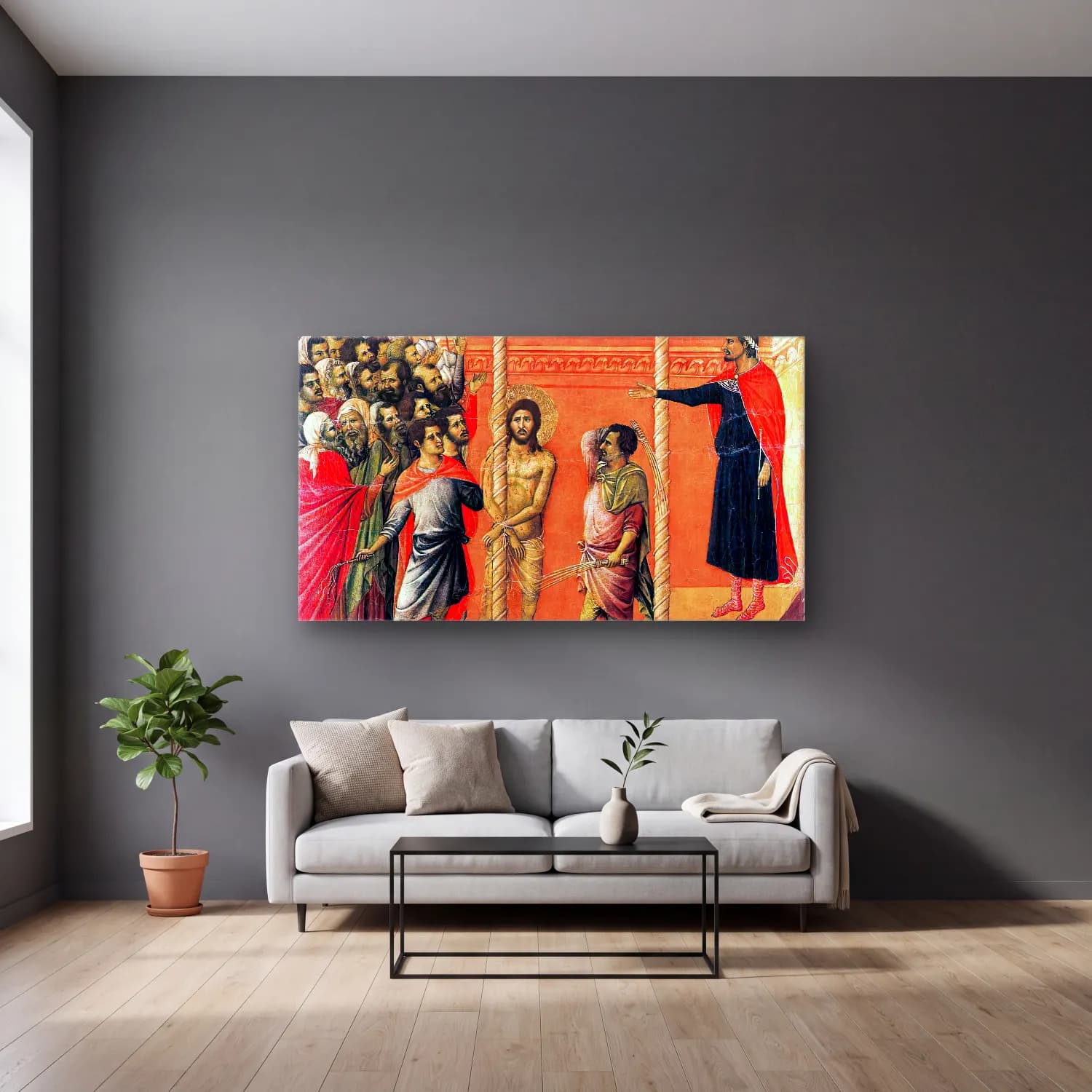 Duccio di Buoninsegna – Flagellation (scene 16) cam tablo — gri duvarlı salonda