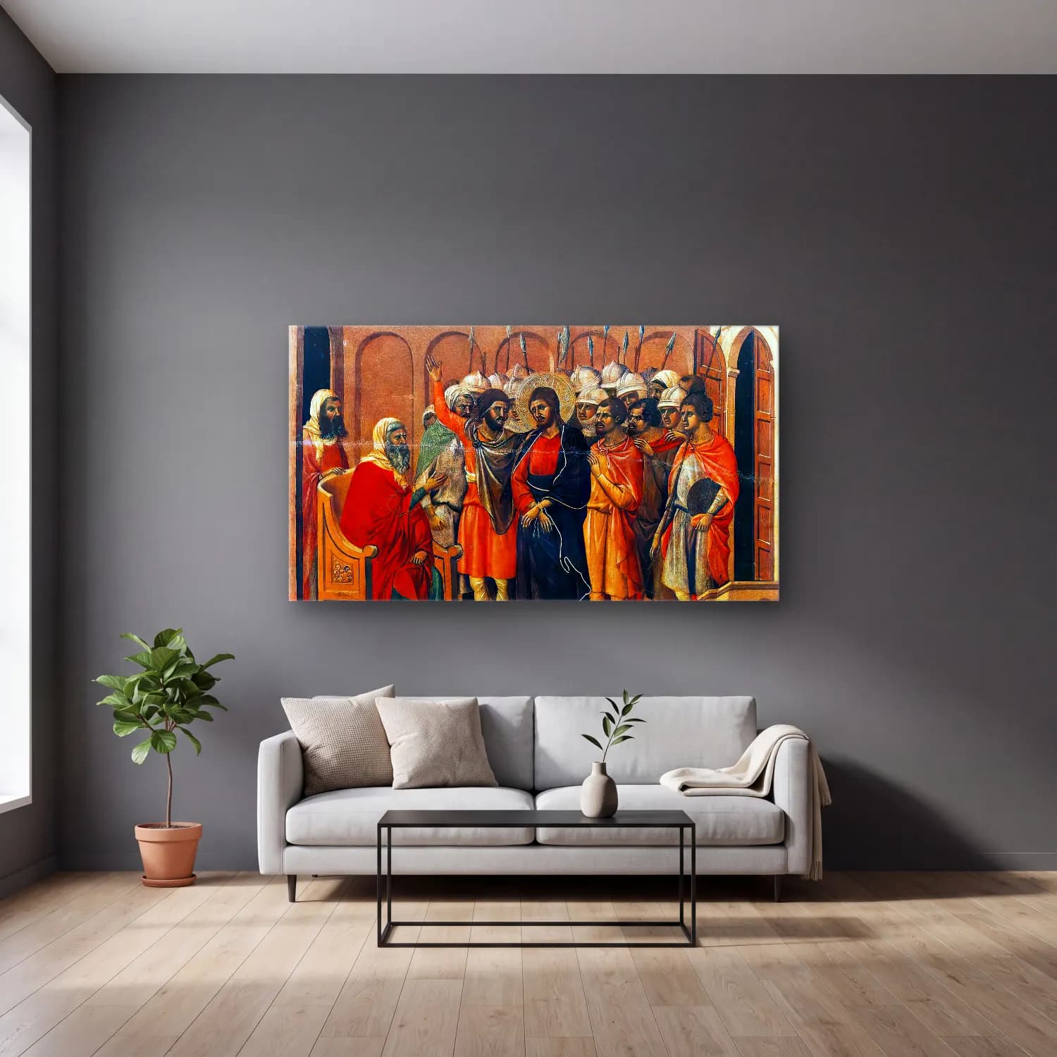 Duccio di Buoninsegna – Jesus before Annas (scene 8) cam tablo — gri duvarlı salonda