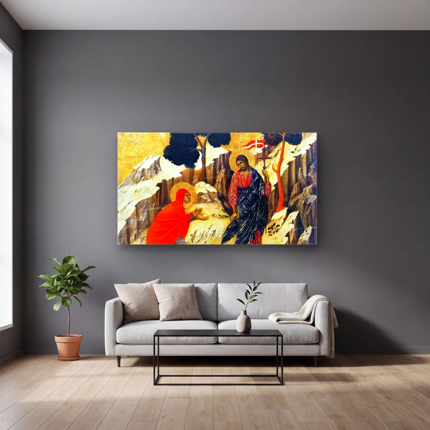 Duccio di Buoninsegna – Noli me tangere (scene 25) cam tablo — gri duvarlı salonda