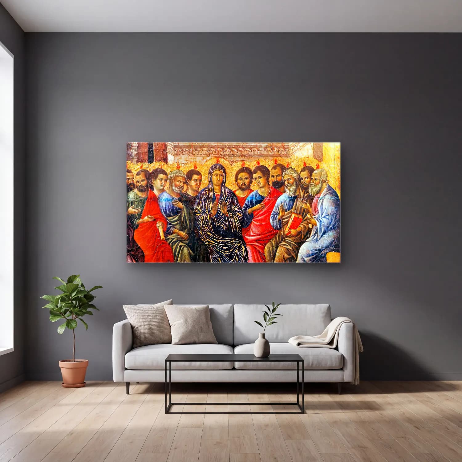 Duccio di Buoninsegna – Pentecost (panel 8) cam tablo — gri duvarlı salonda