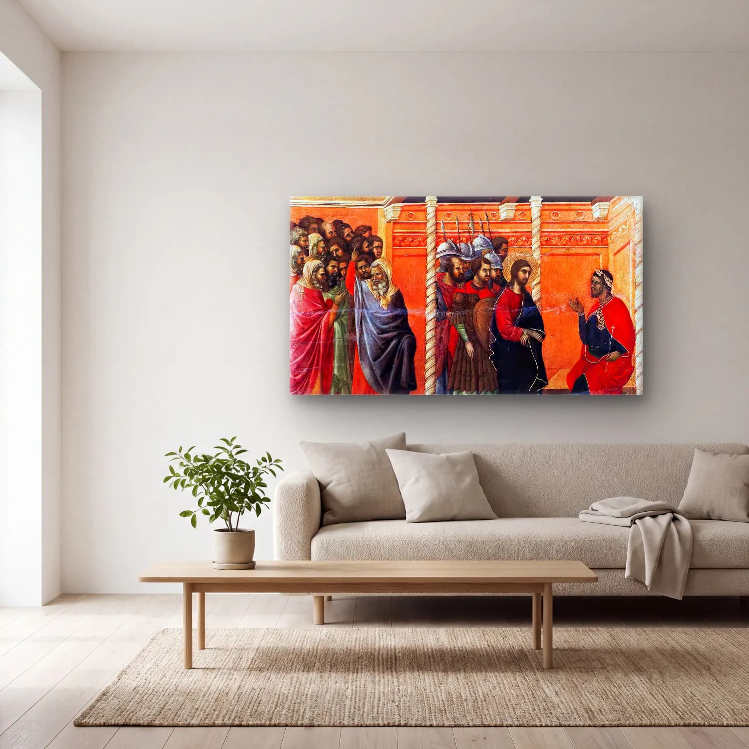 Duccio di Buoninsegna – Pilate s First Interrogation of Christ (scene 13) cam tablo — açık renk salonda
