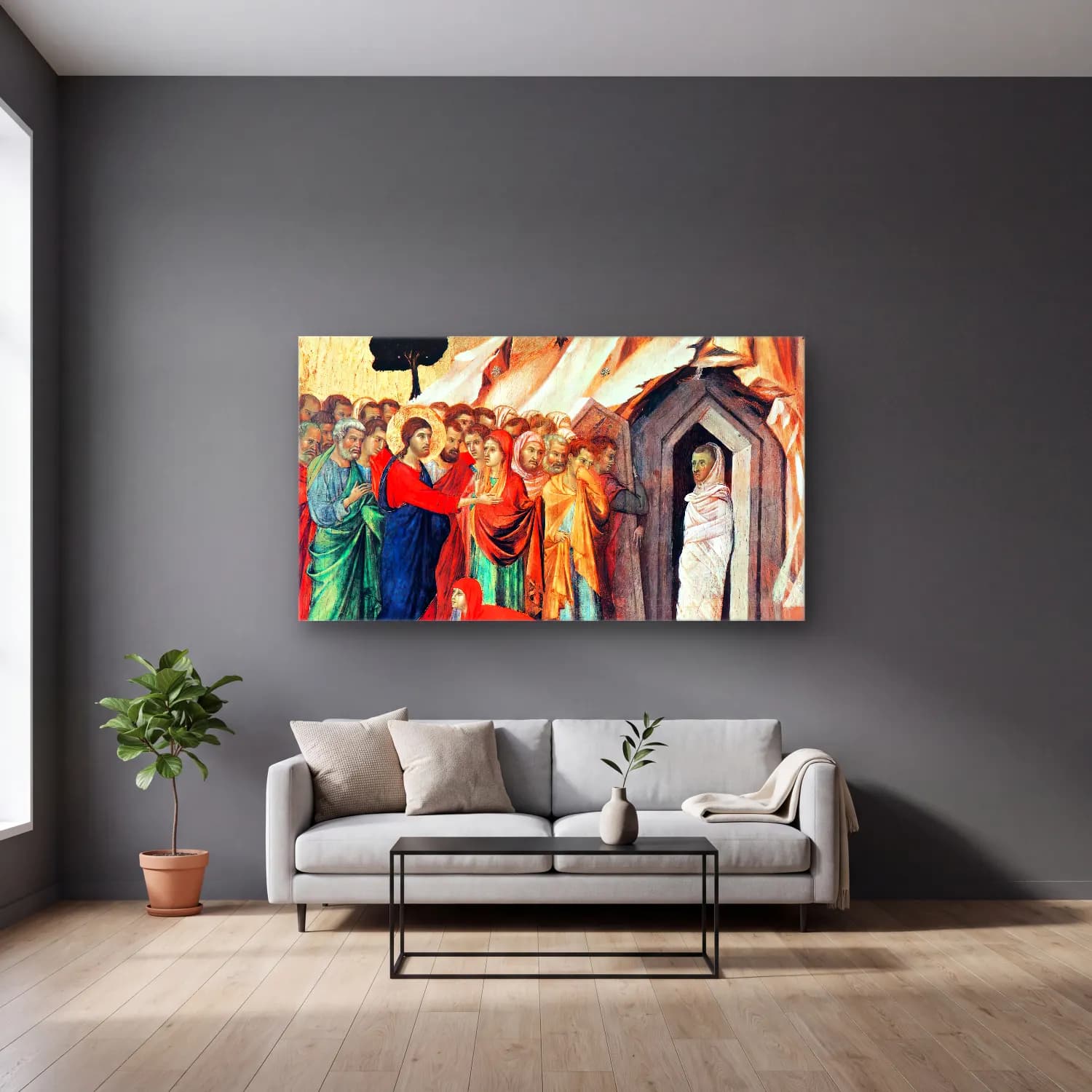 Duccio di Buoninsegna – Raising of Lazarus (scene 9) cam tablo — gri duvarlı salonda