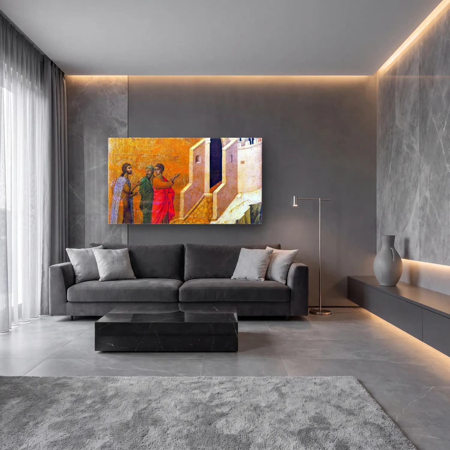 Duccio di Buoninsegna – Road to Emmaus (scene 26) cam tablo — lüks salon duvarında