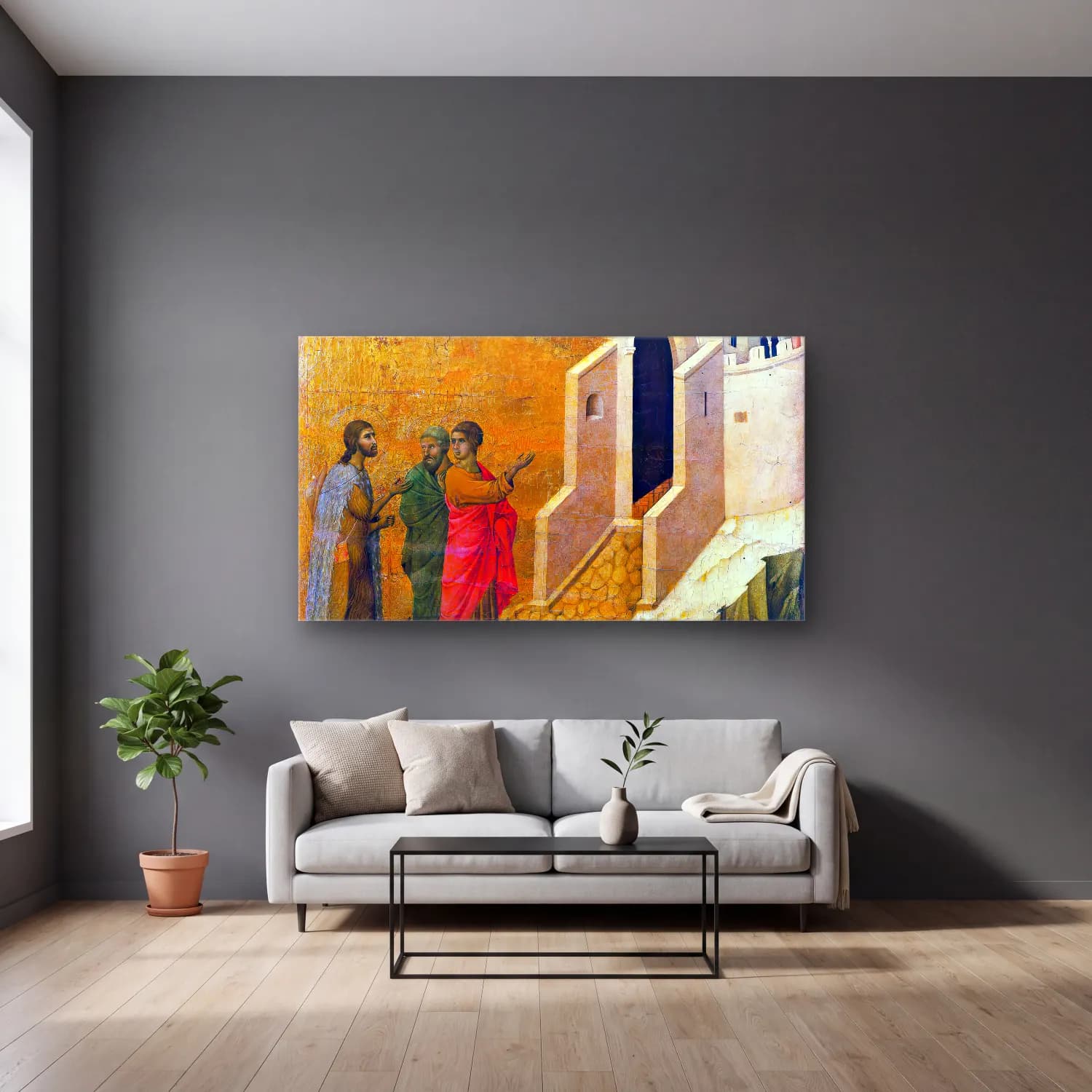 Duccio di Buoninsegna – Road to Emmaus (scene 26) cam tablo — gri duvarlı salonda