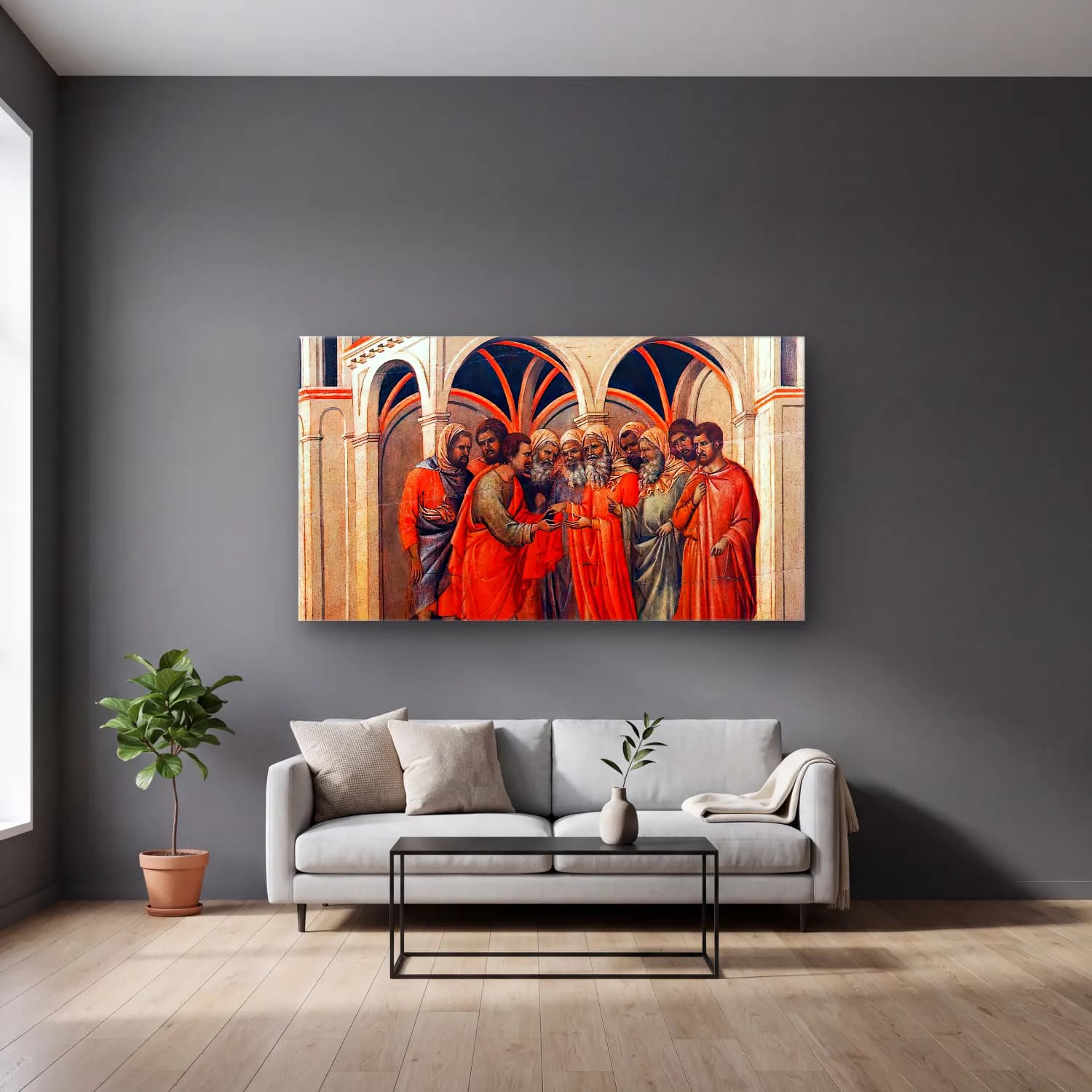 Duccio di Buoninsegna – The Betrayal cam tablo — gri duvarlı salonda