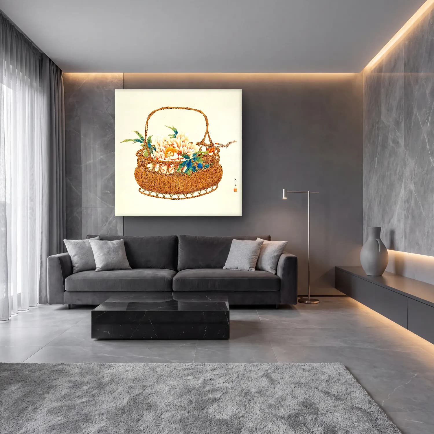 Botanik İllüstrasyon Sepette Mantarlar cam tablo — lüks salon duvarında