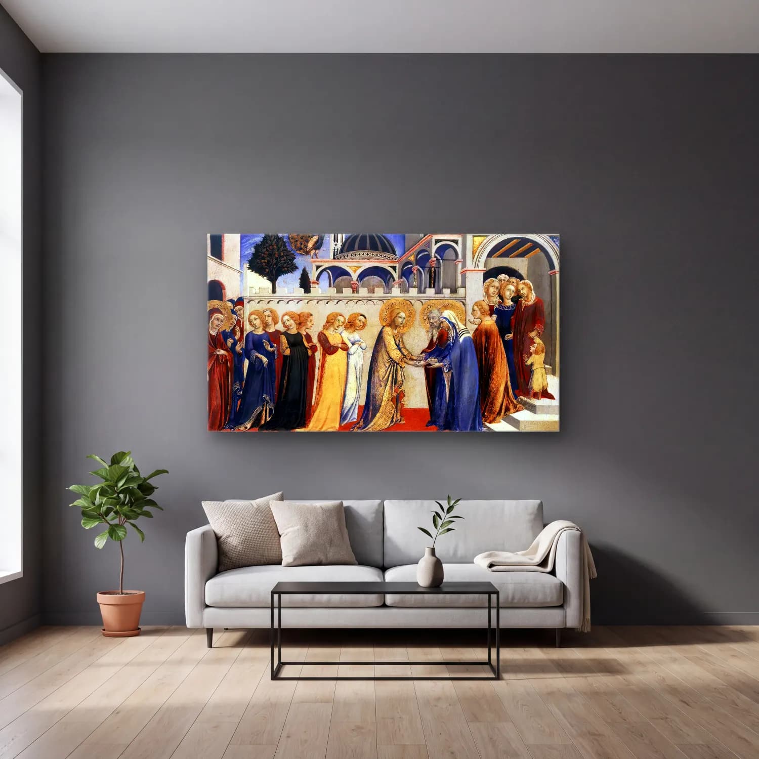 Sano di Pietro – Return of the Virgin cam tablo — gri duvarlı salonda