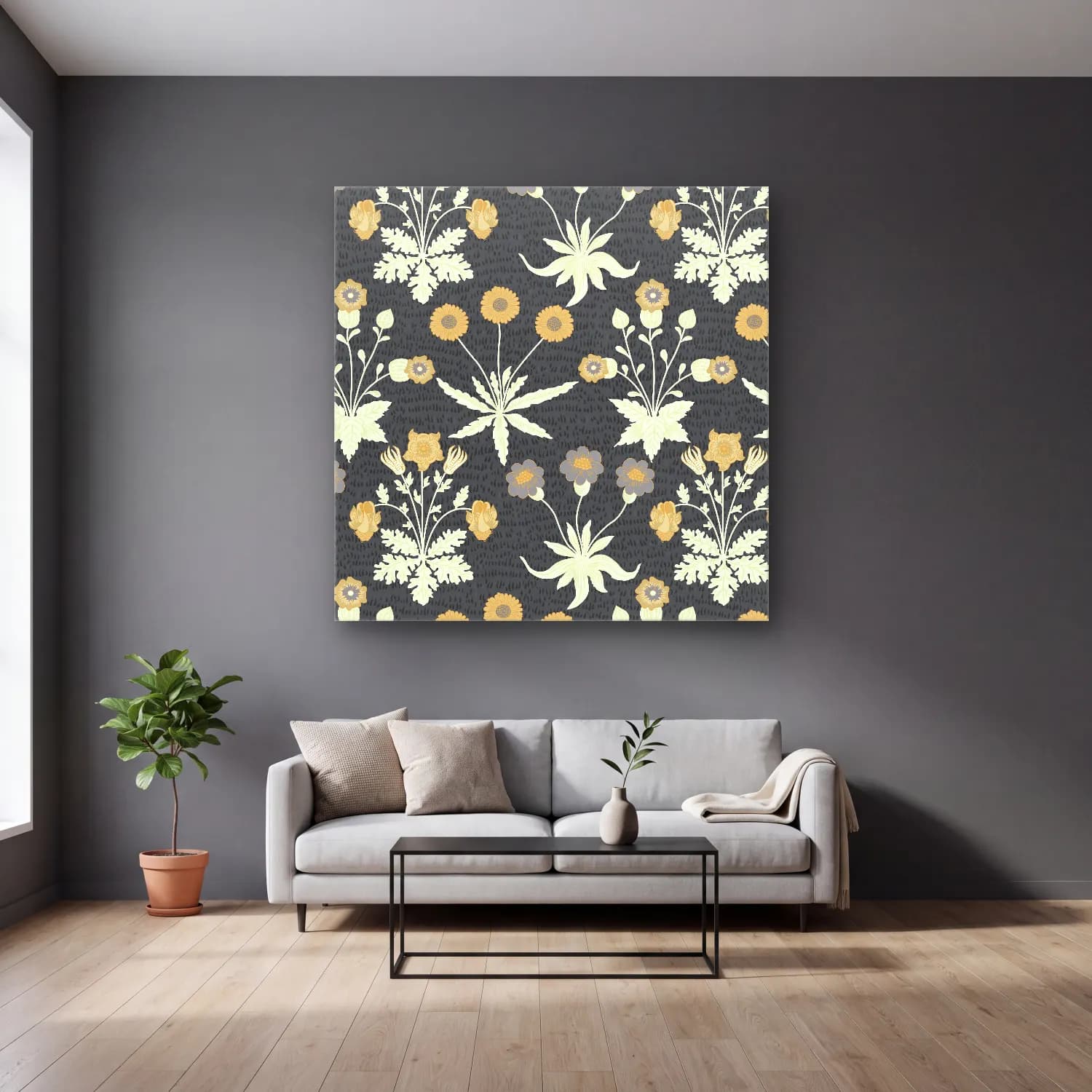 Boho Çiçek Deseni No. 110 cam tablo — gri duvarlı salonda