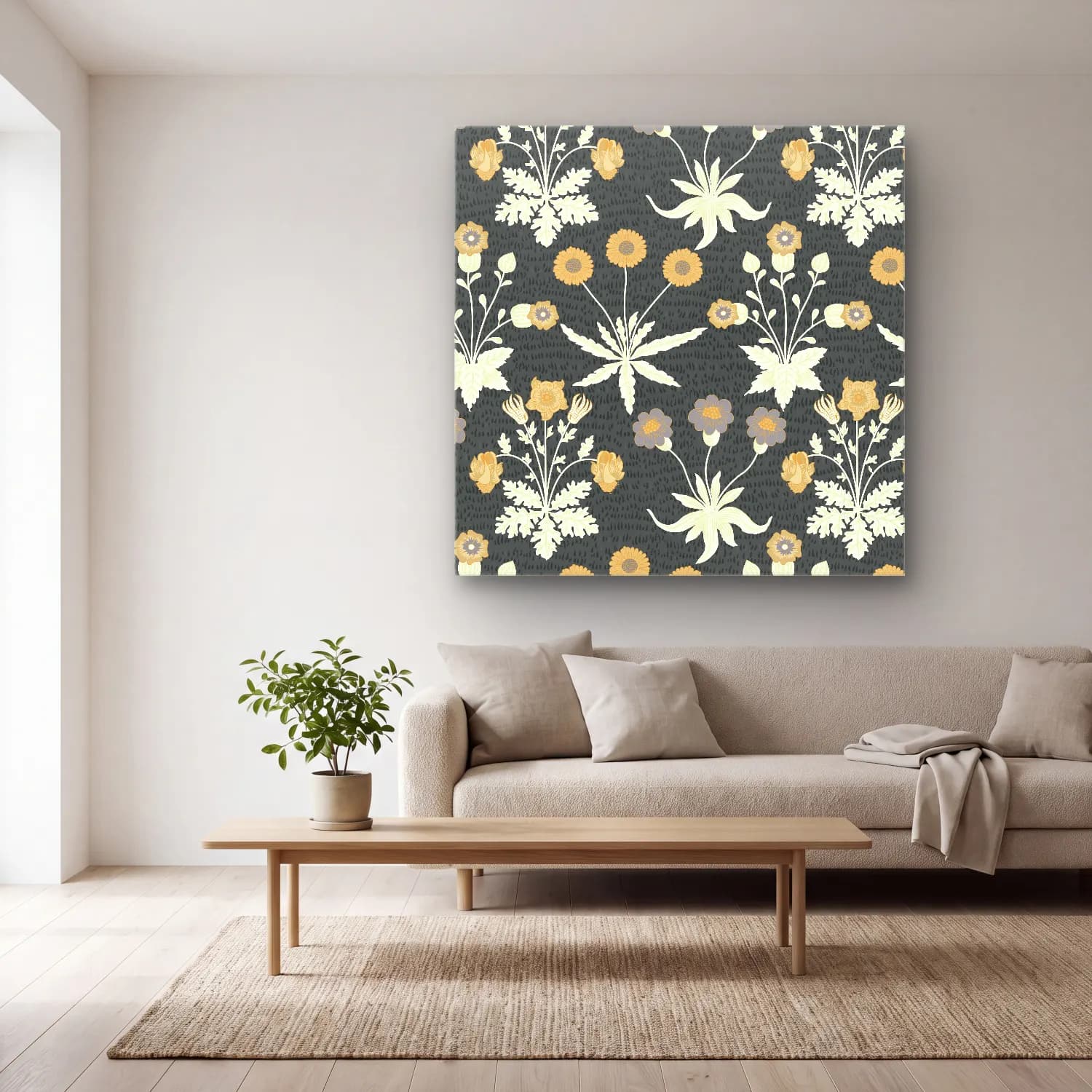 Boho Çiçek Deseni No. 110 cam tablo — açık renk salonda