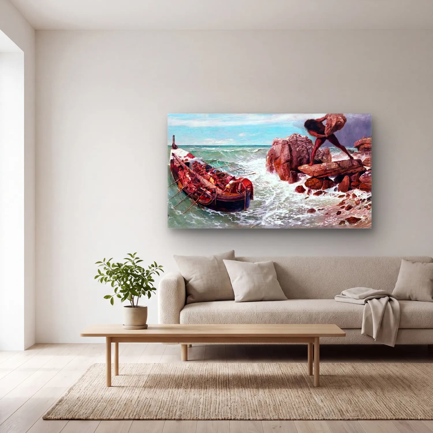 Arnold Böcklin – Odysseus and Polyphemus cam tablo — açık renk salonda