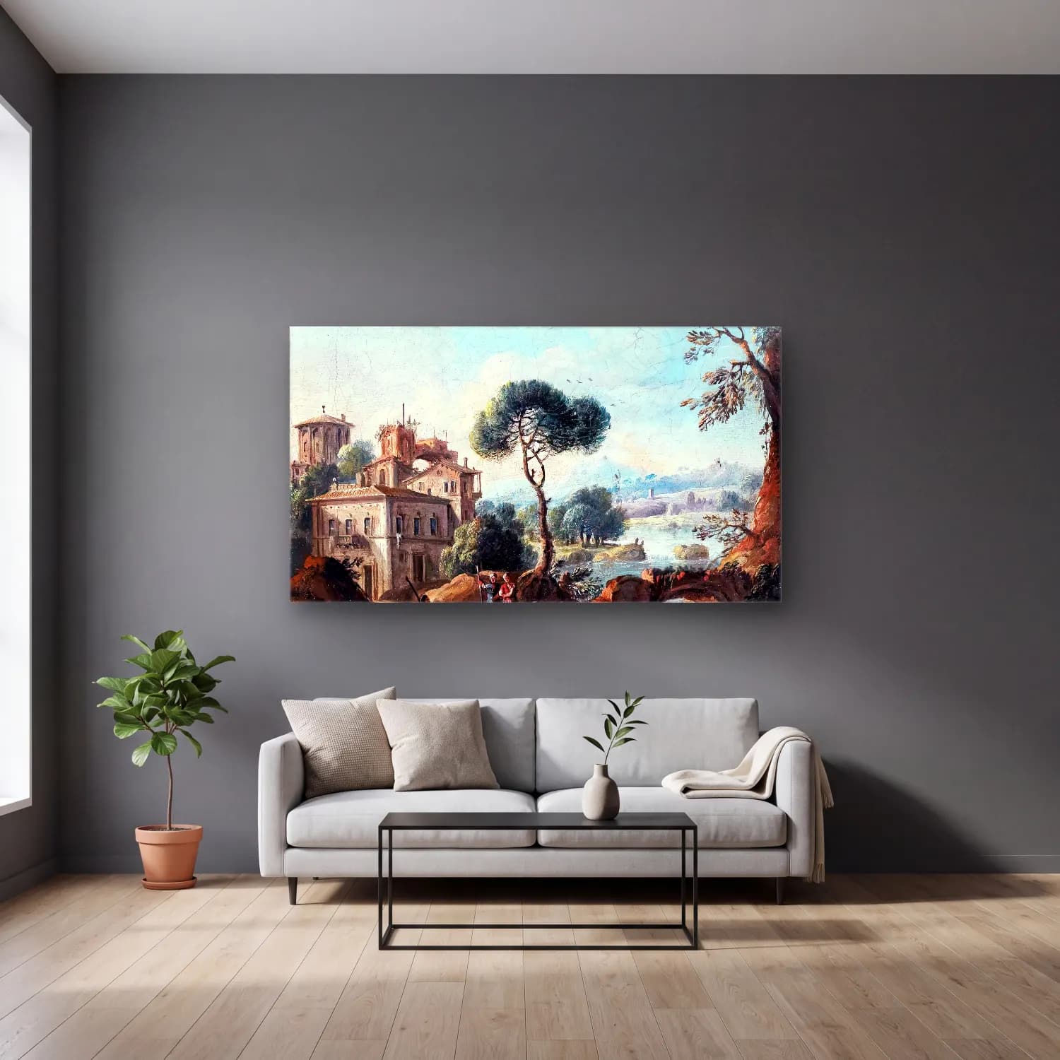 Paolo Anesi – View of Tivoli and the Roman Campagna cam tablo — gri duvarlı salonda
