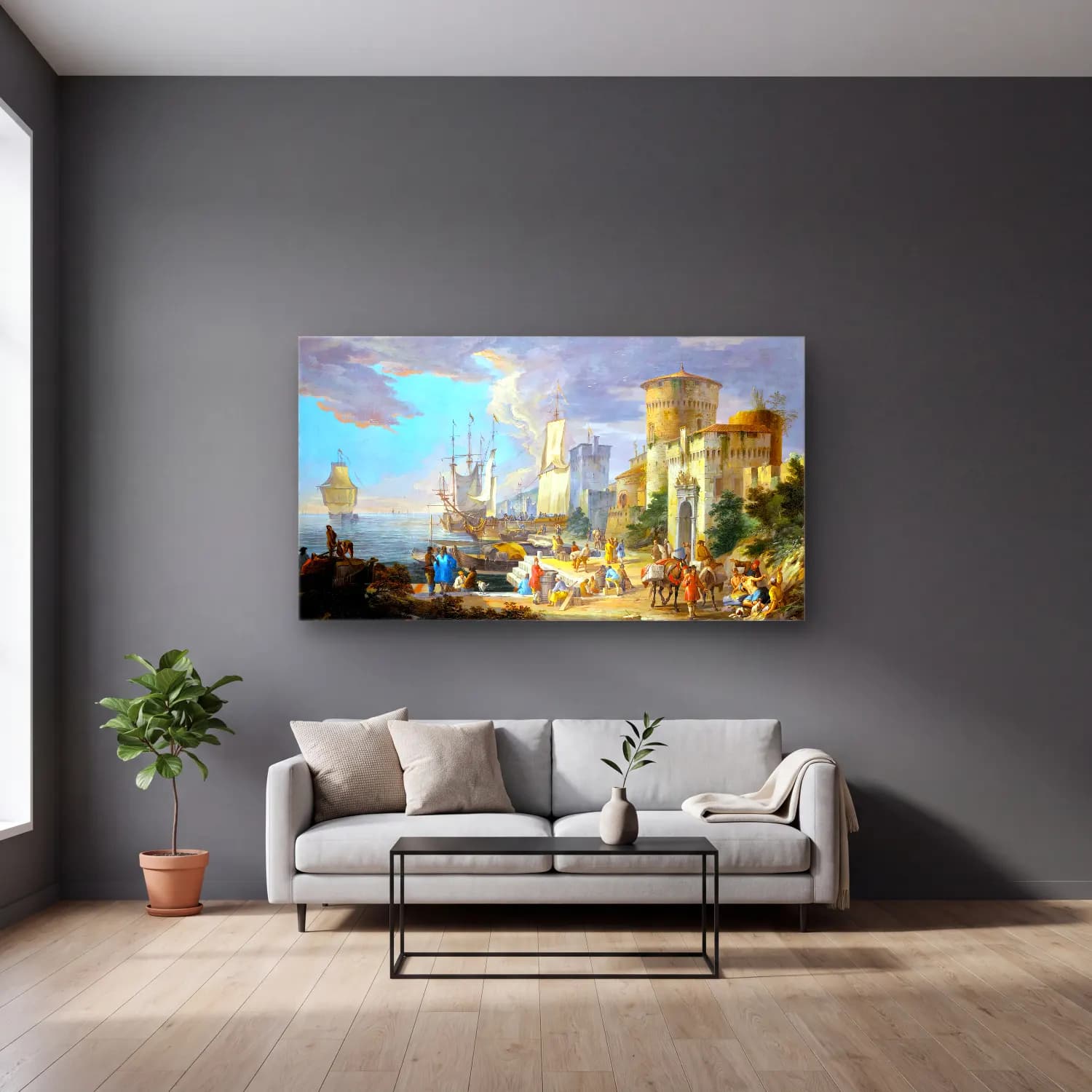 Luca Carlevaris – A Mediterranean Port Scene cam tablo — gri duvarlı salonda