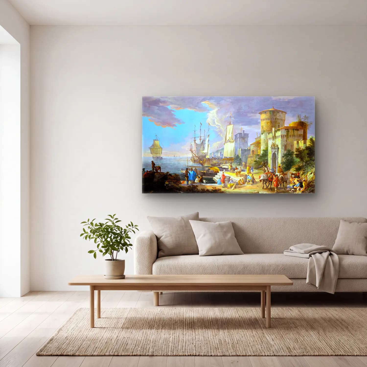 Luca Carlevaris – A Mediterranean Port Scene cam tablo — açık renk salonda