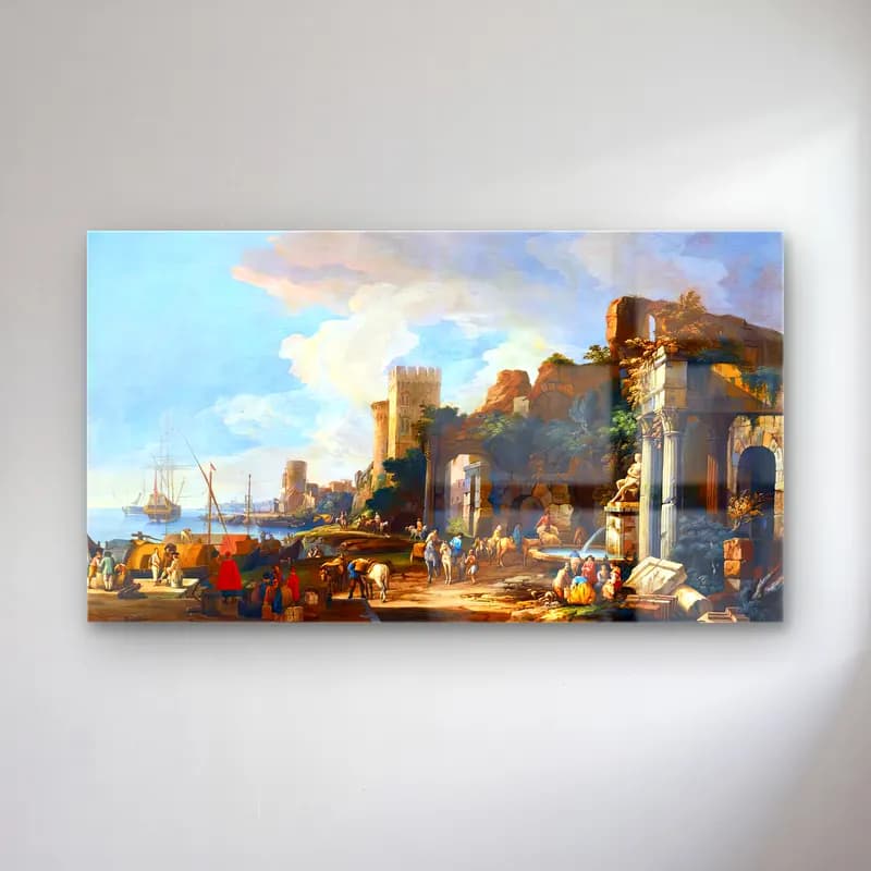 Luca Carlevaris – Capriccio View of a Mediterranean Port cam tablo — Luca Carlevaris – Capriccio View of a Mediterranean Port — yağlı boya akdeniz sahil kasabası