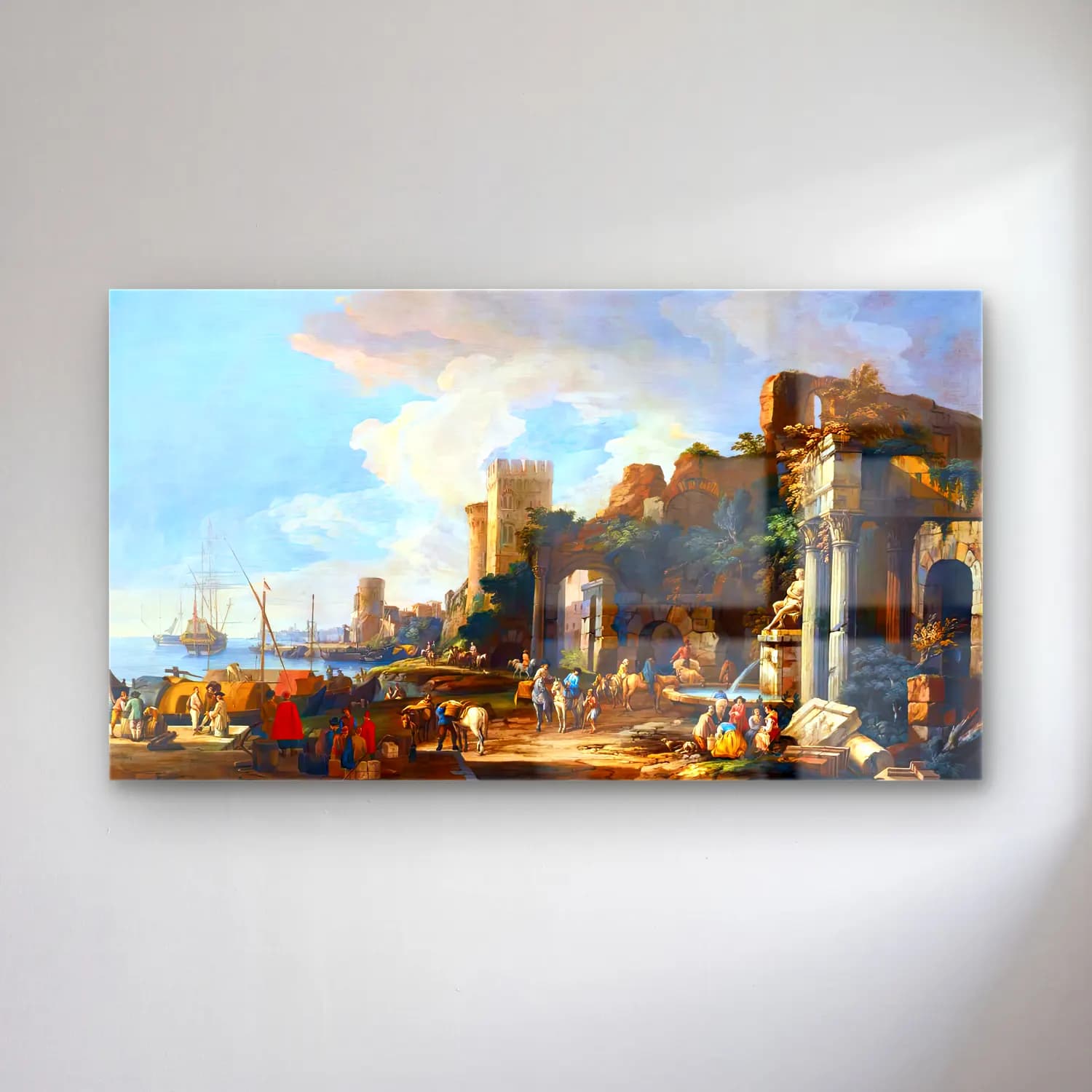 Luca Carlevaris – Capriccio View of a Mediterranean Port cam tablo — Luca Carlevaris – Capriccio View of a Mediterranean Port — yağlı boya akdeniz sahil kasabası