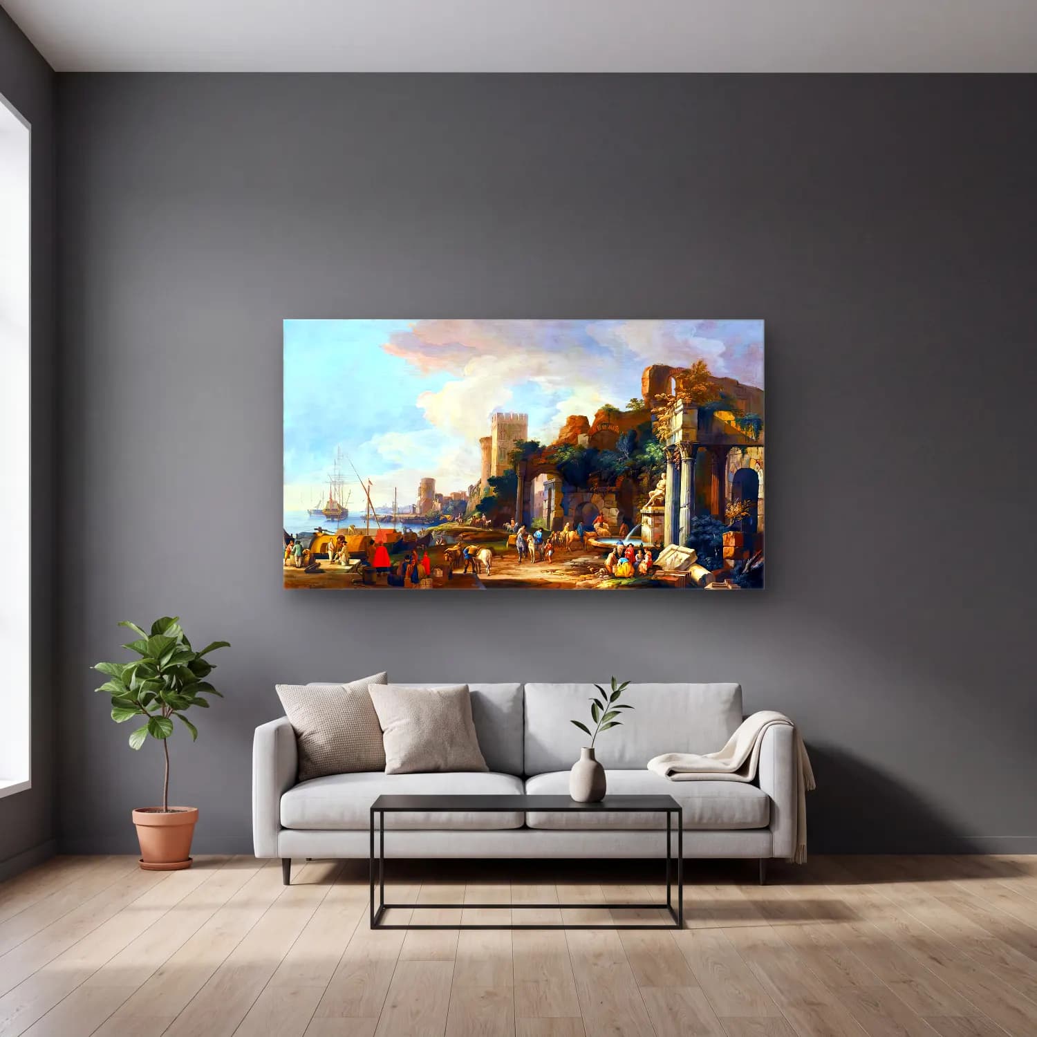 Luca Carlevaris – Capriccio View of a Mediterranean Port cam tablo — gri duvarlı salonda