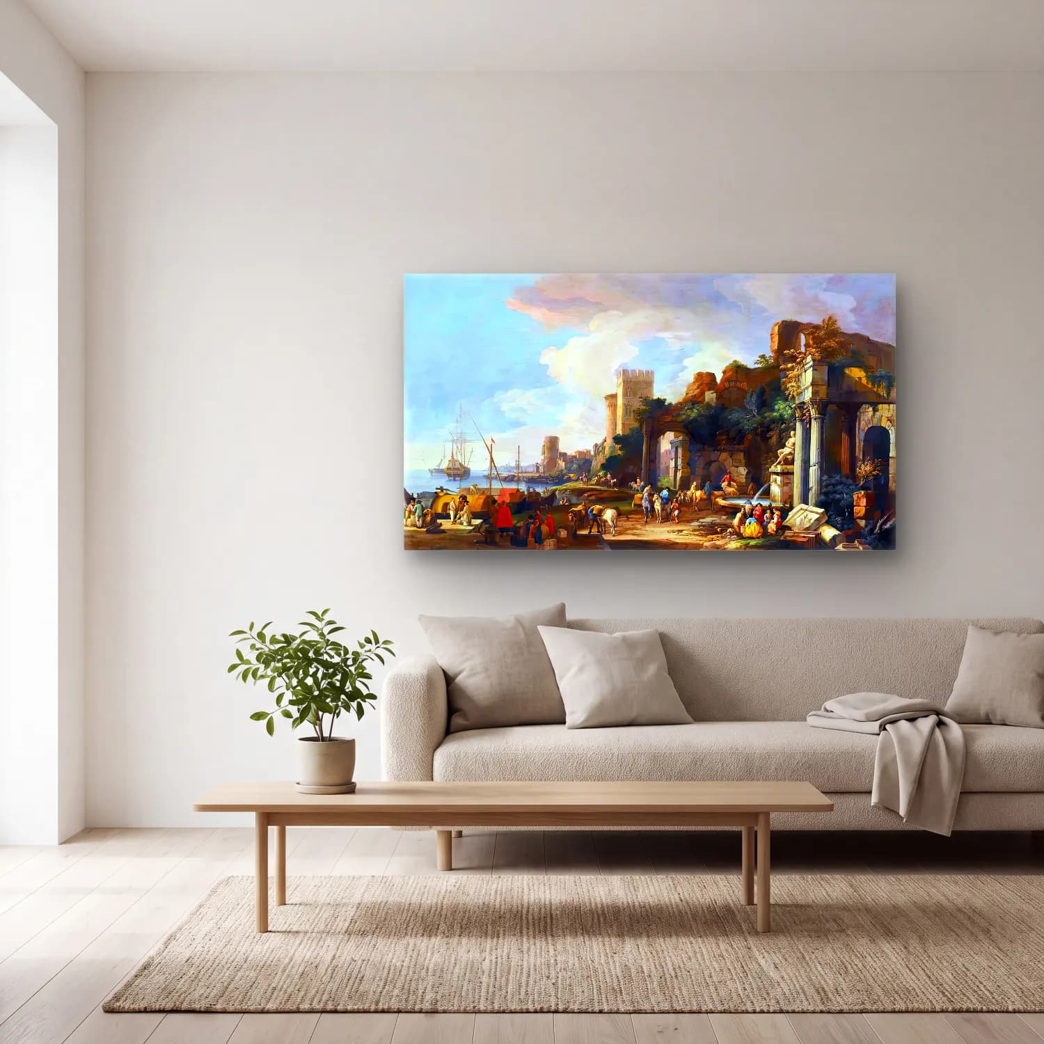 Luca Carlevaris – Capriccio View of a Mediterranean Port cam tablo — açık renk salonda