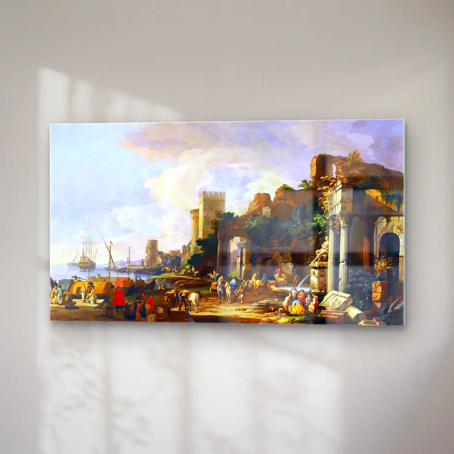 Luca Carlevaris – Capriccio View of a Mediterranean Port cam tablo — sağ açıdan görünüm
