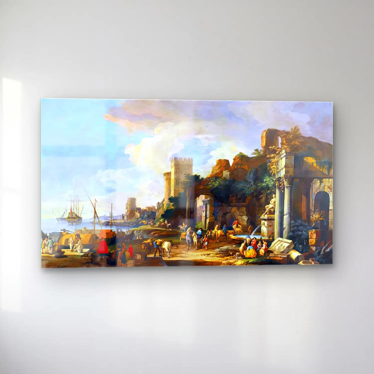 Luca Carlevaris – Capriccio View of a Mediterranean Port cam tablo — sol açıdan görünüm