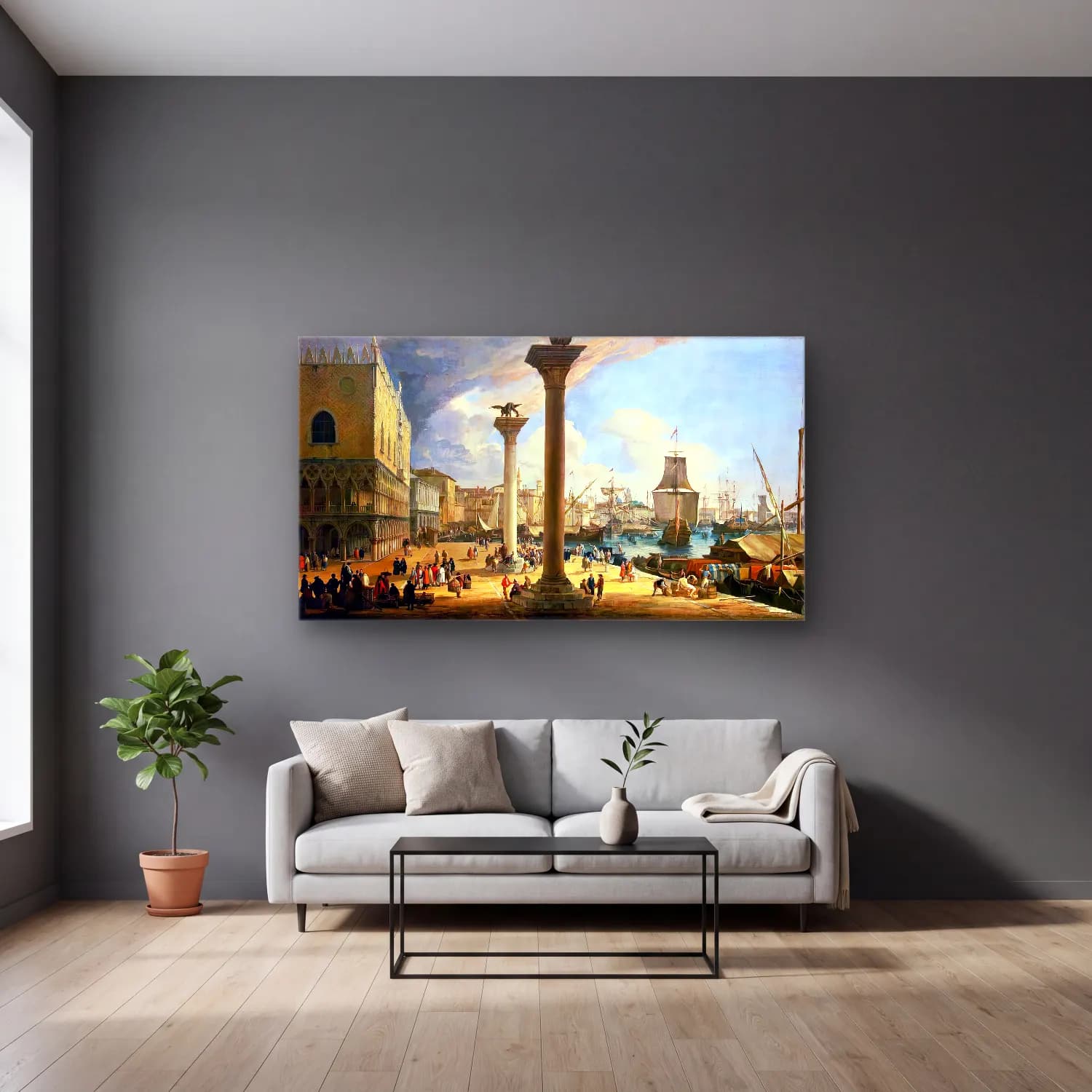 Luca Carlevaris – The Molo, Looking toward the Doge s Palace cam tablo — gri duvarlı salonda