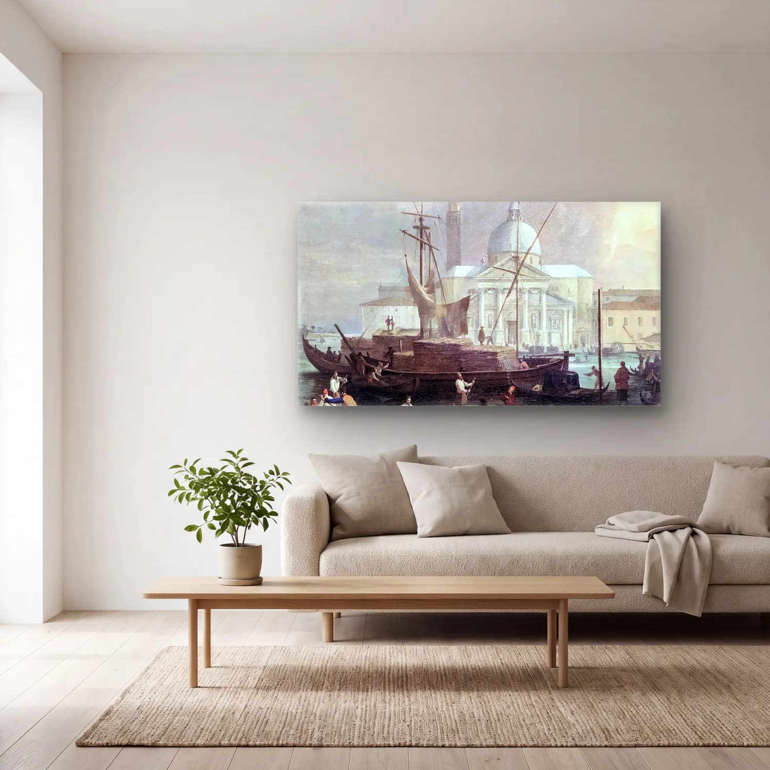 Luca Carlevaris – The Sea Custom House with San Giorgio Maggiore (detail) cam tablo — açık renk salonda