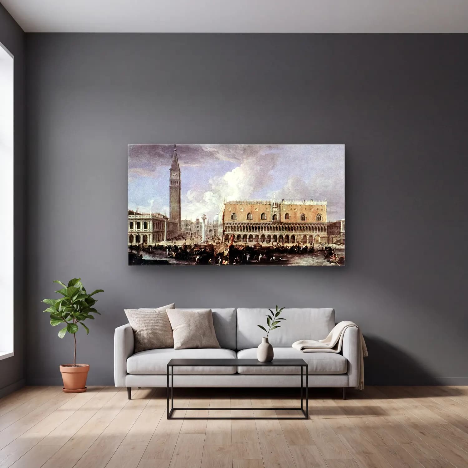 Luca Carlevaris – View of the Wharf from the Bacino di San Marco cam tablo — gri duvarlı salonda