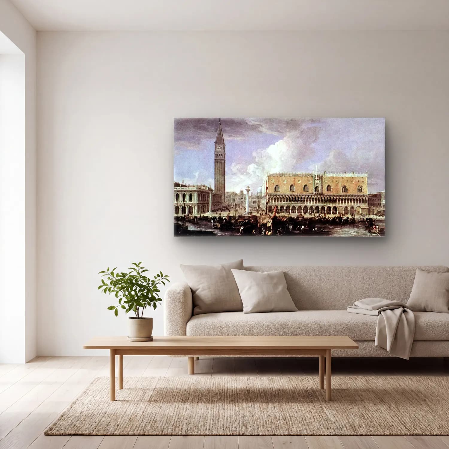 Luca Carlevaris – View of the Wharf from the Bacino di San Marco cam tablo — açık renk salonda