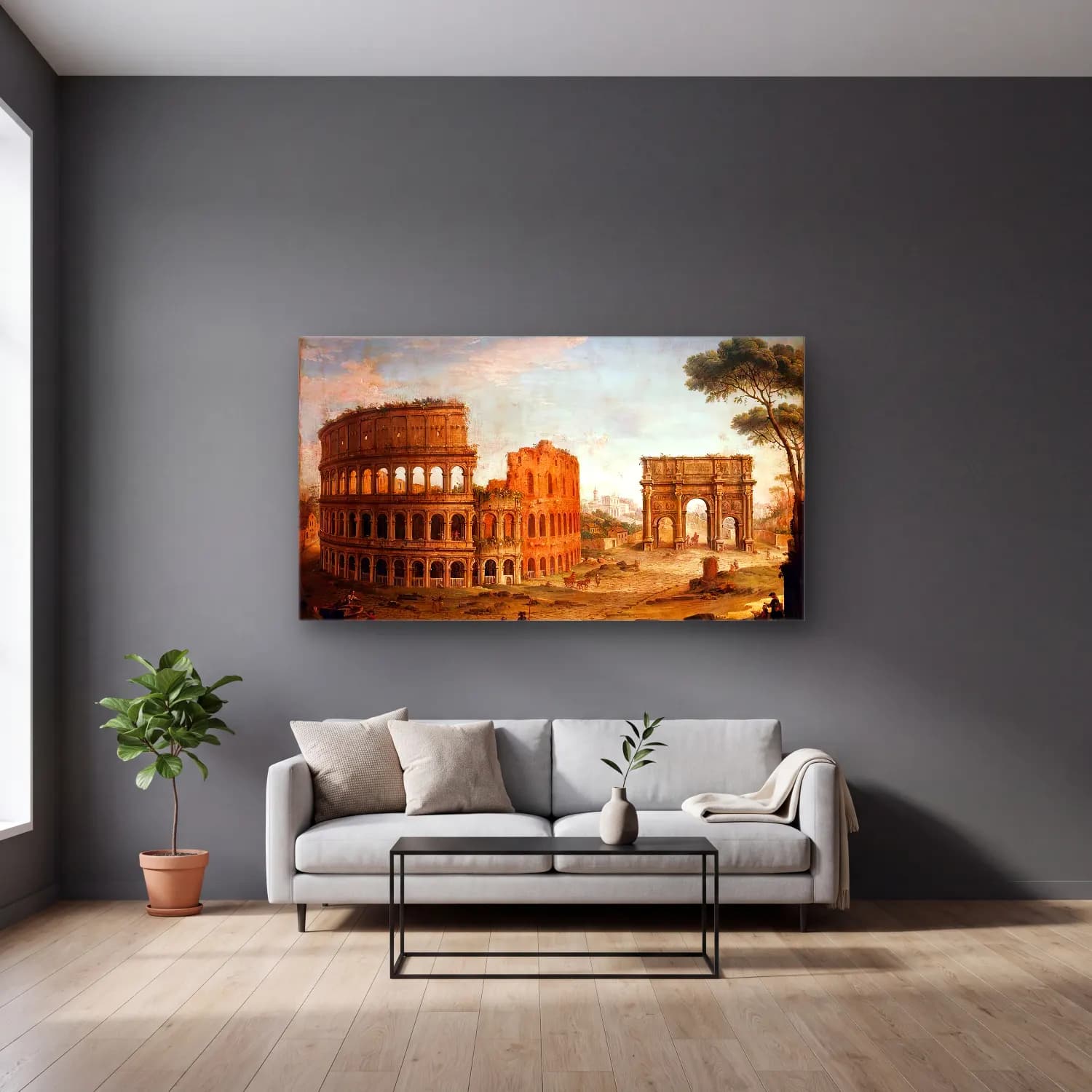 Antonio Joli – Rome View of the Colosseum and The Arch of Constantine cam tablo — gri duvarlı salonda