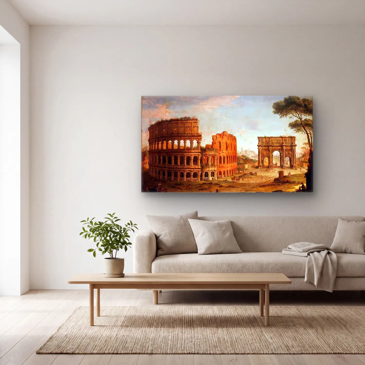 Antonio Joli – Rome View of the Colosseum and The Arch of Constantine cam tablo — açık renk salonda