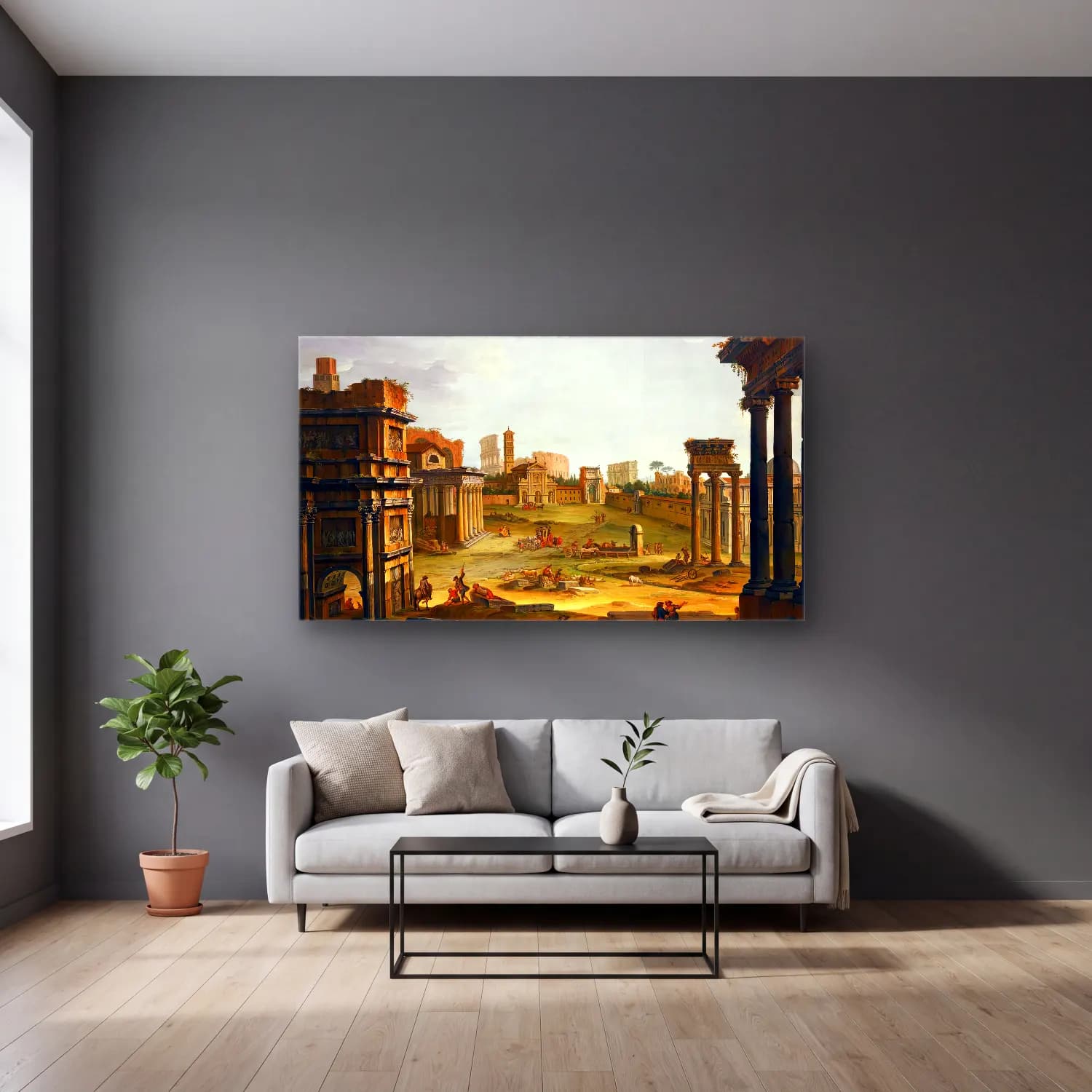 Antonio Joli – View of the Forum Romanum cam tablo — gri duvarlı salonda