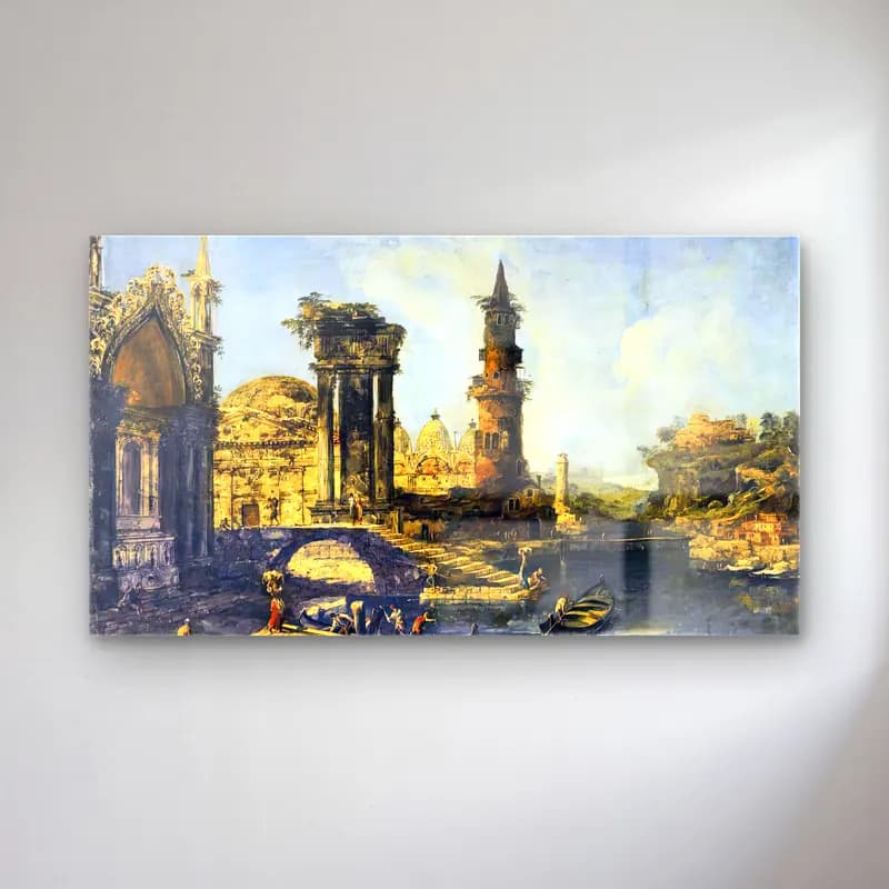 Michele Marieschi – Capriccio of a Riverside Town cam tablo — Michele Marieschi – Capriccio of a Riverside Town — yağlı boya antik kalıntılar