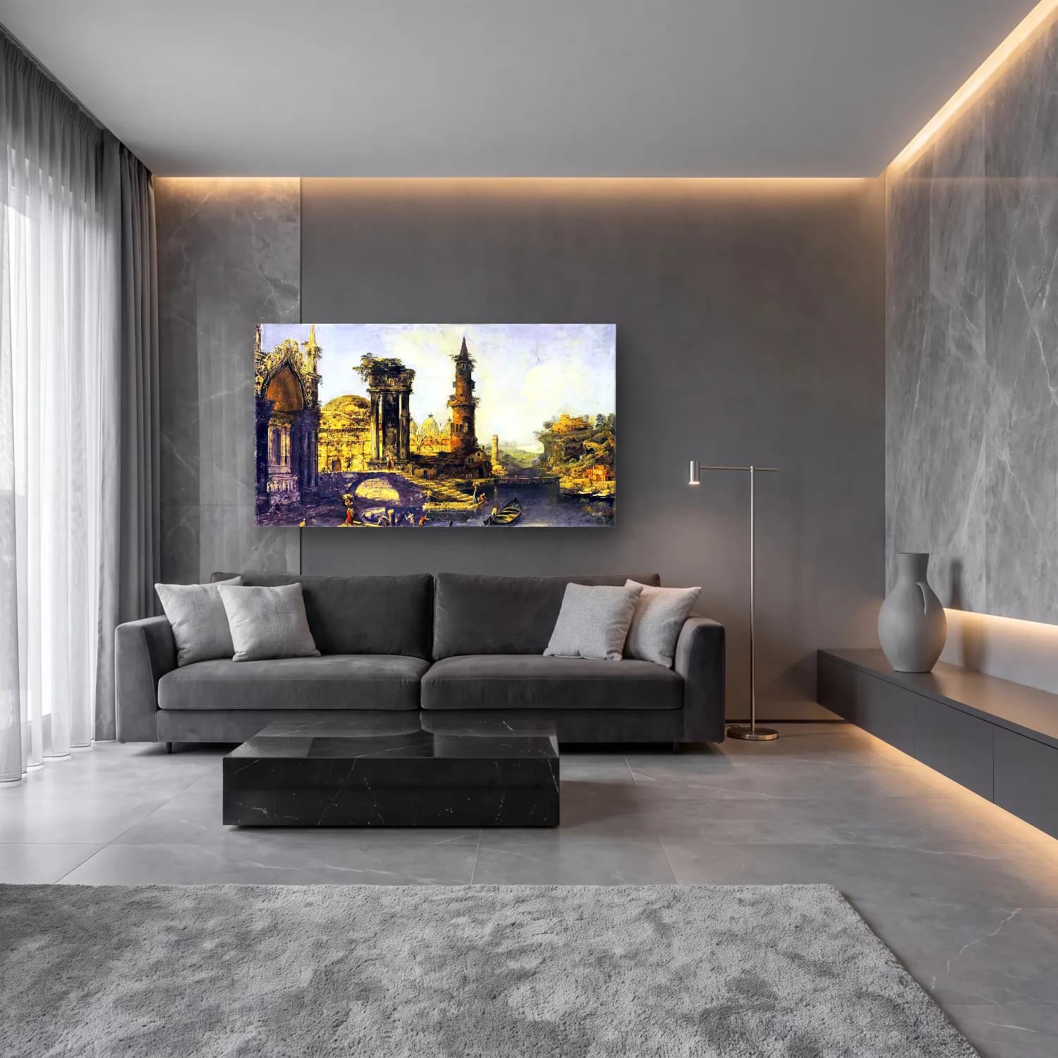Michele Marieschi – Capriccio of a Riverside Town cam tablo — lüks salon duvarında
