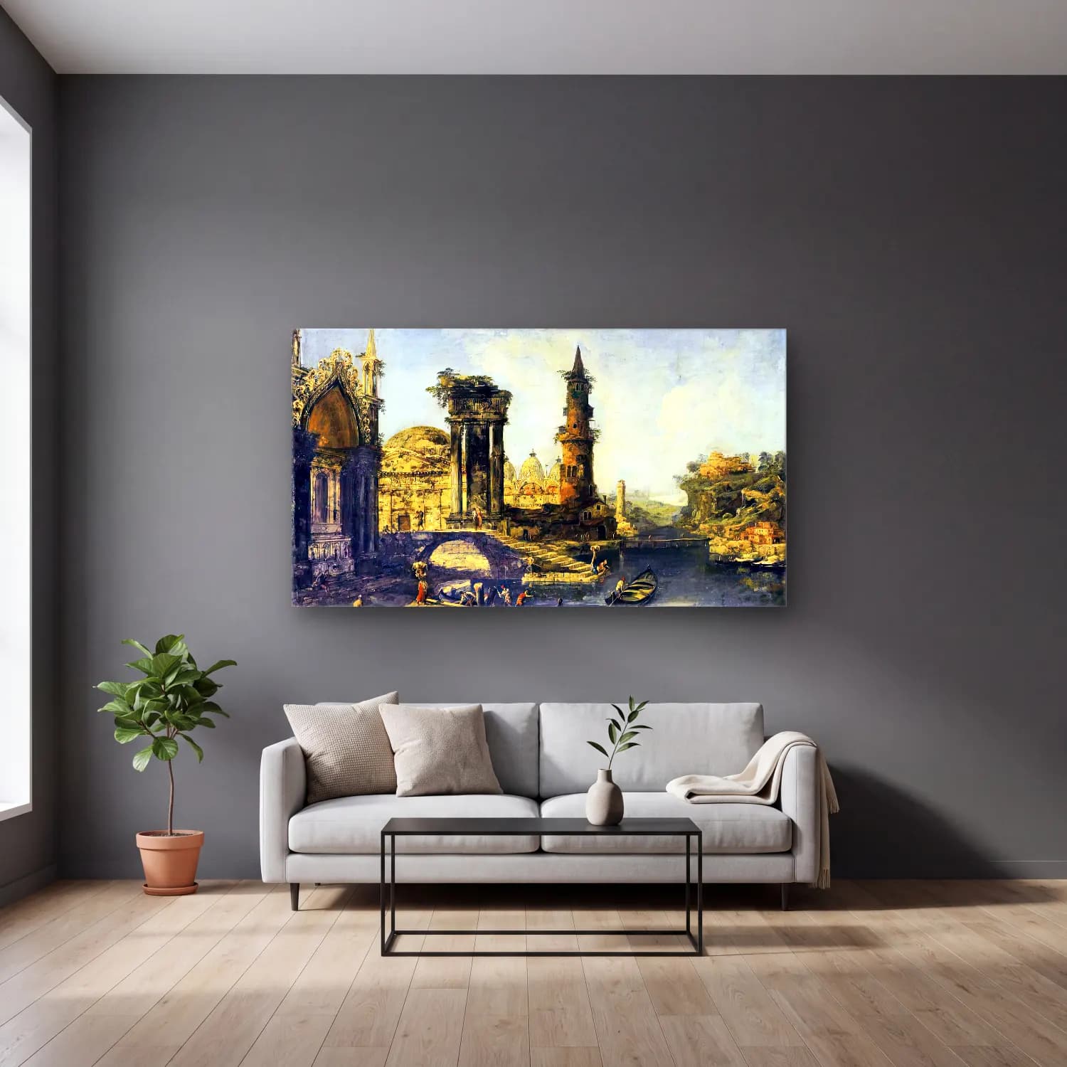 Michele Marieschi – Capriccio of a Riverside Town cam tablo — gri duvarlı salonda