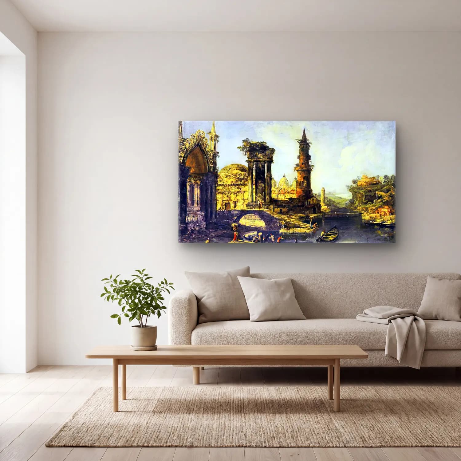 Michele Marieschi – Capriccio of a Riverside Town cam tablo — açık renk salonda