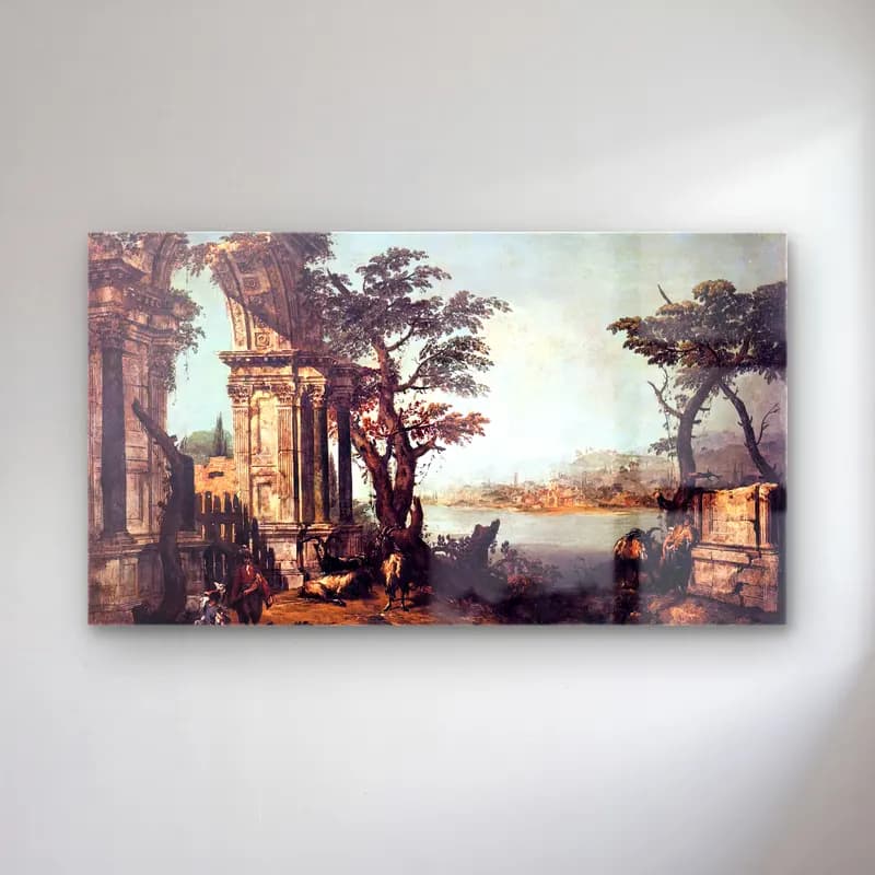 Michele Marieschi – Capriccio with Classical Arch and Goats cam tablo — Michele Marieschi – Capriccio with Classical Arch and Goats — yağlı boya antik kalıntılar