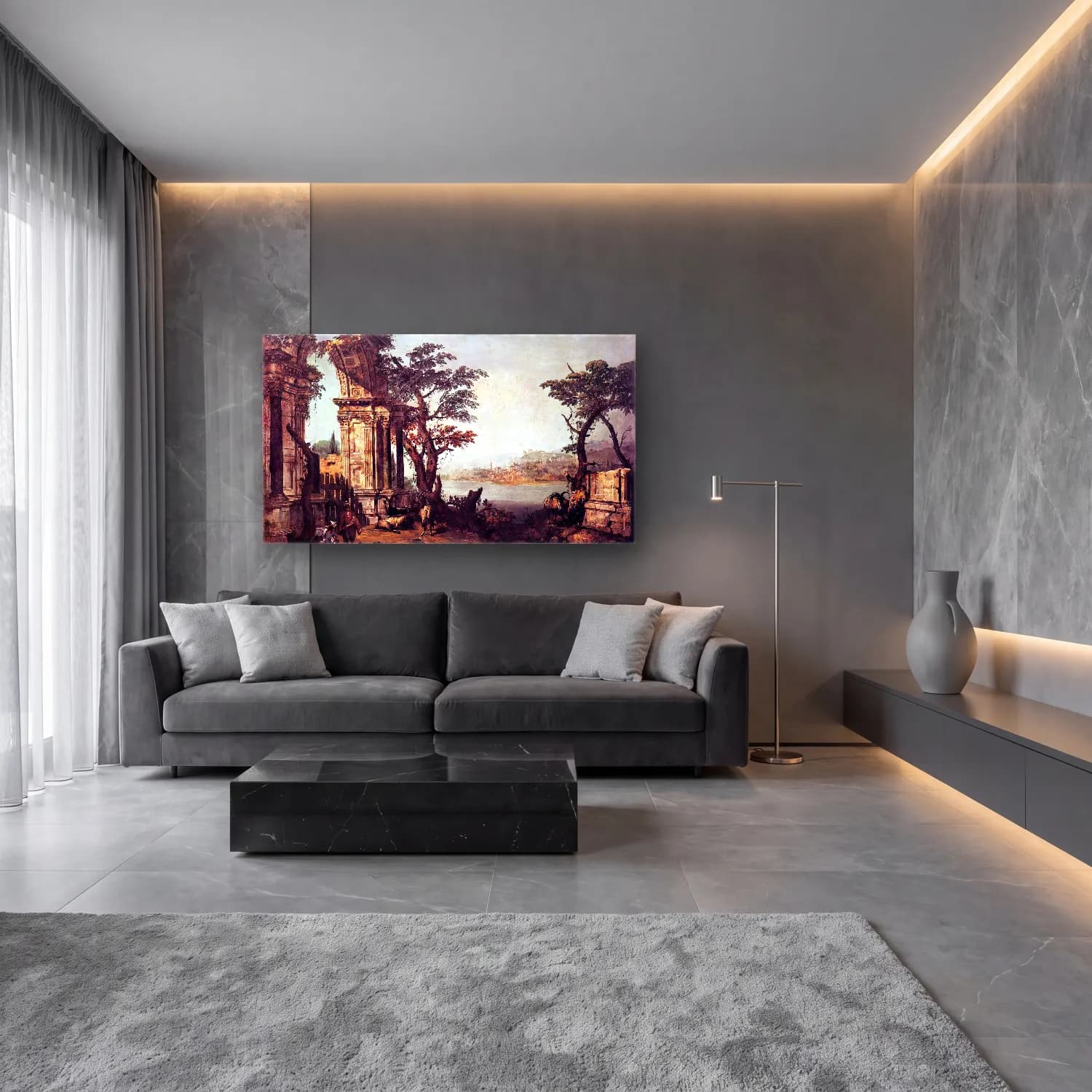 Michele Marieschi – Capriccio with Classical Arch and Goats cam tablo — lüks salon duvarında