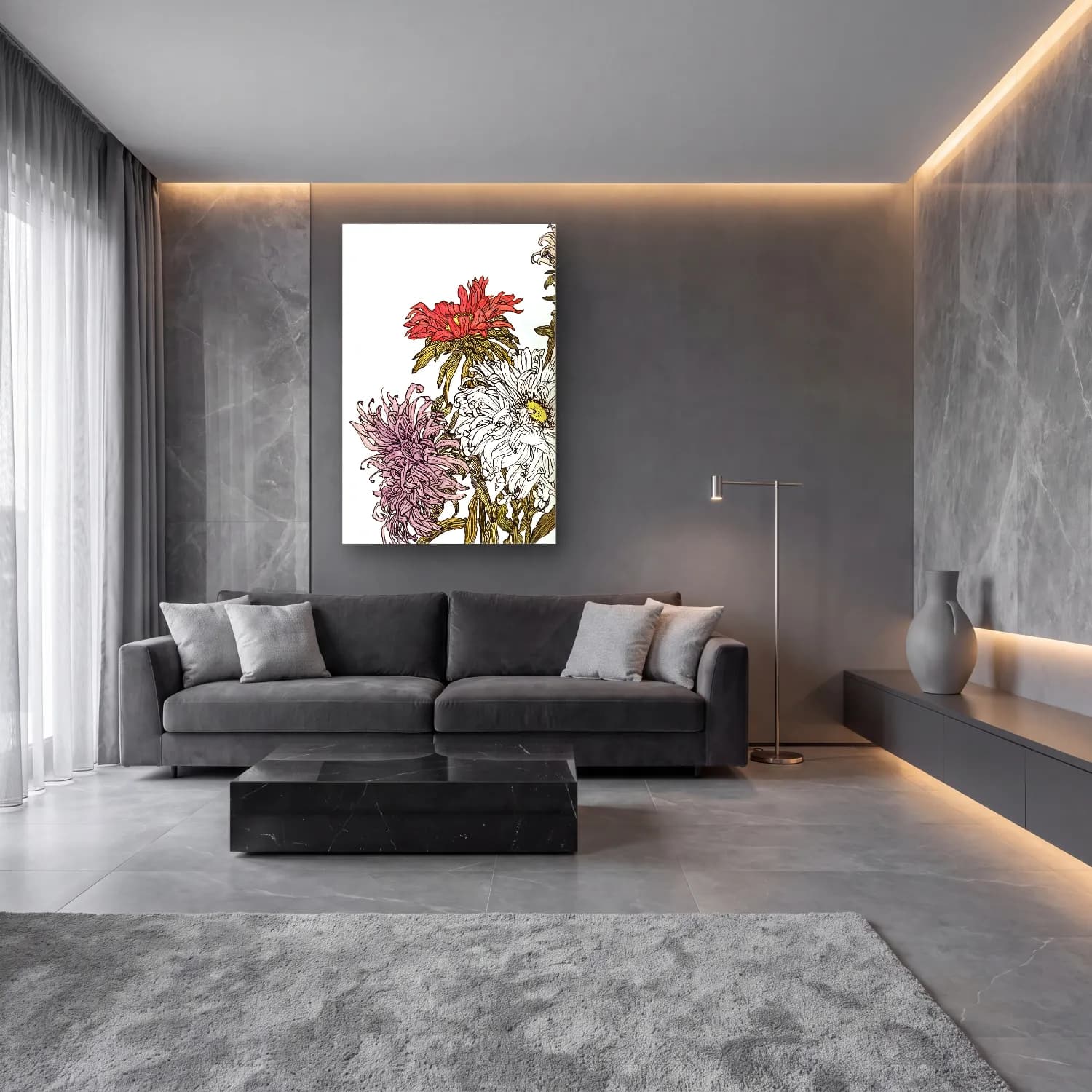 Botanik İllüstrasyon Papatyalar No. 9 cam tablo — lüks salon duvarında
