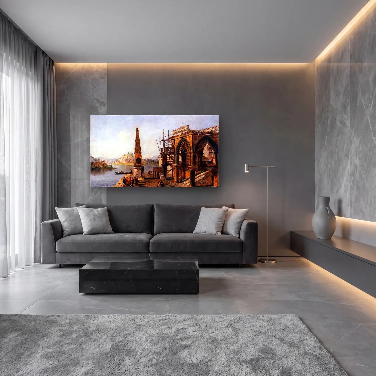 Michele Marieschi – Capriccio with Gothic Building and Obelisk cam tablo — lüks salon duvarında